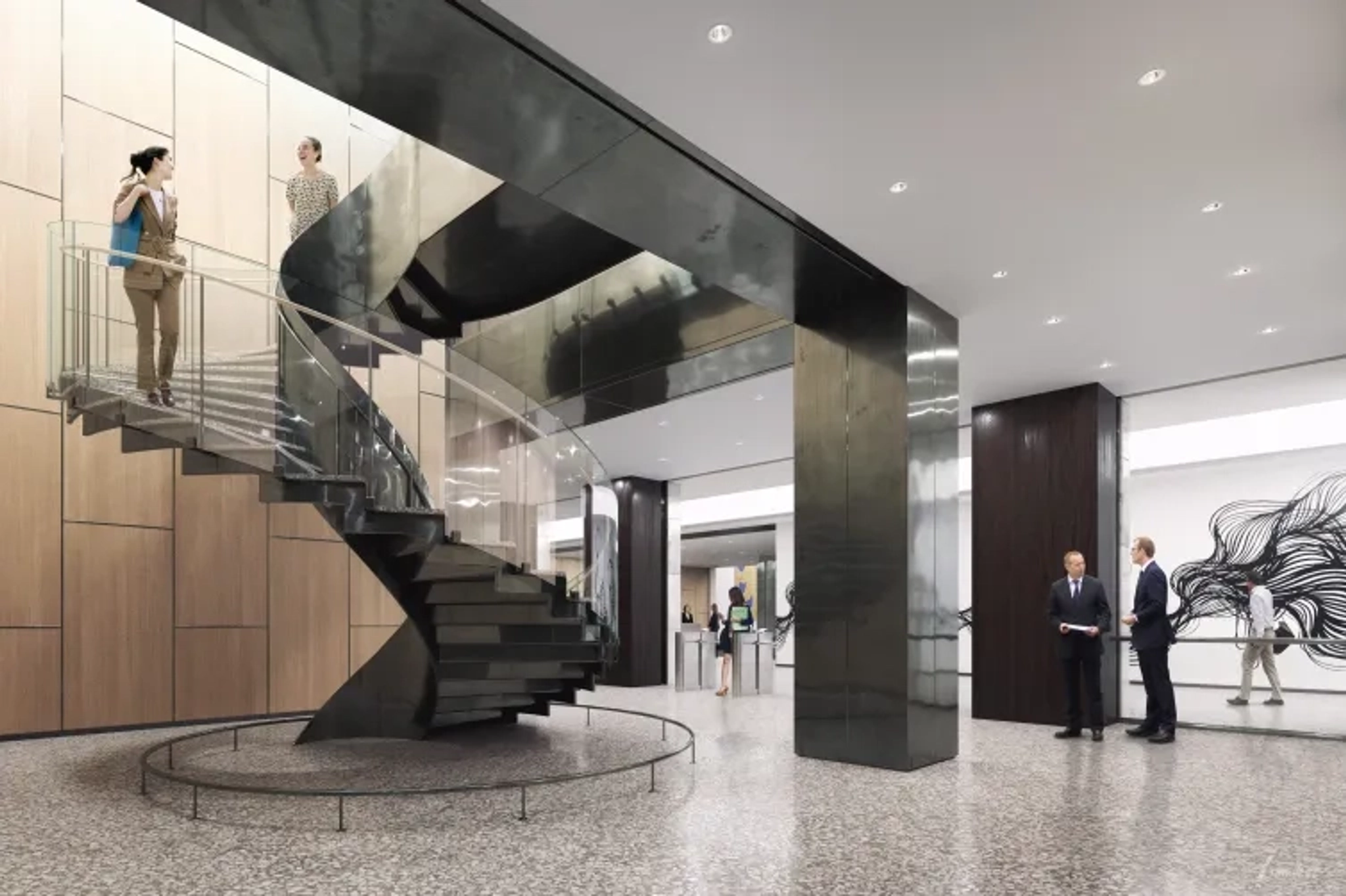 Modern office lobby with a spiral staircase. Several people are seen walking and conversing in this dynamic coworking space. The setting features sleek design elements, including large metallic structures and polished surfaces.