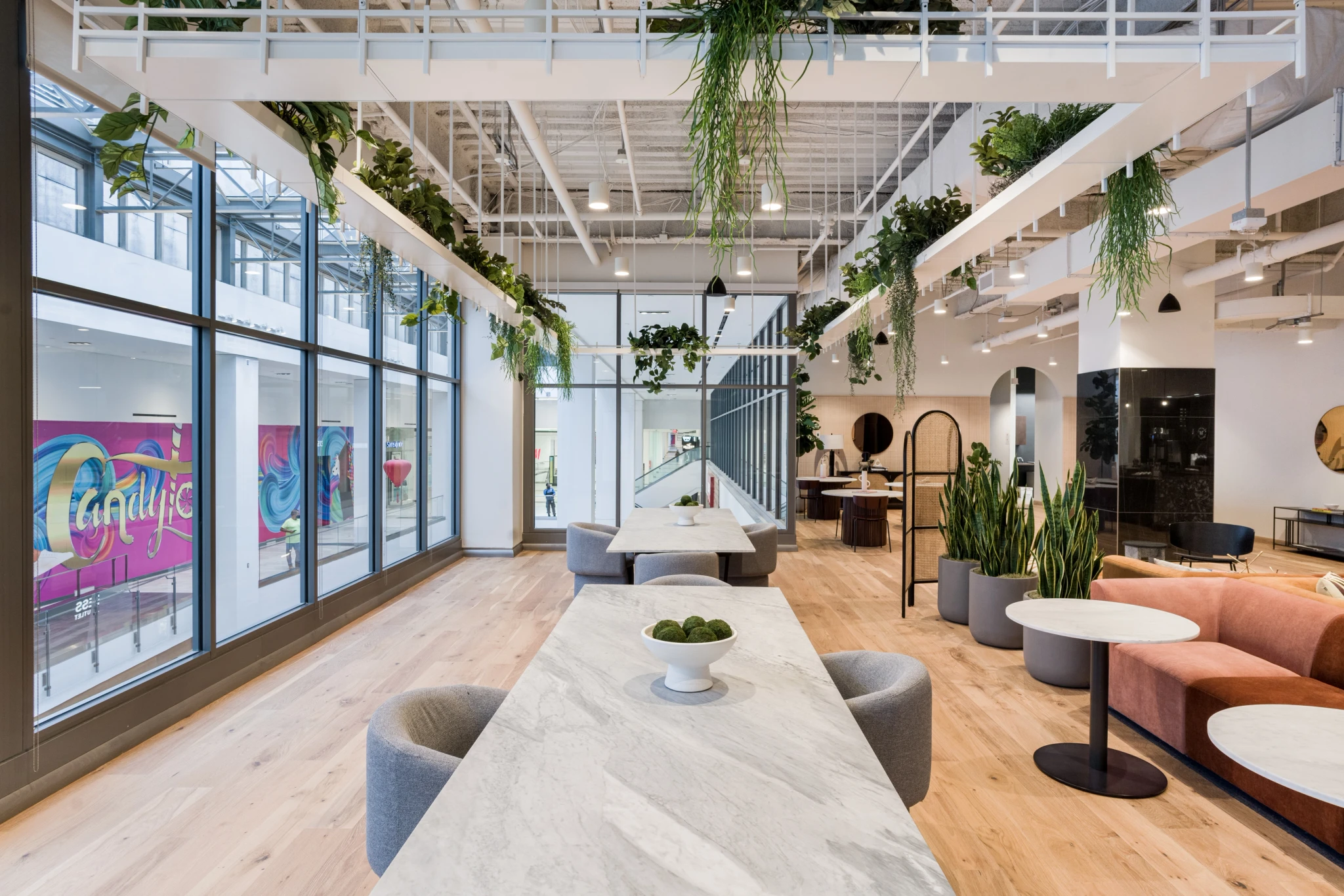 a modern office workspace with lots of plants and couches.