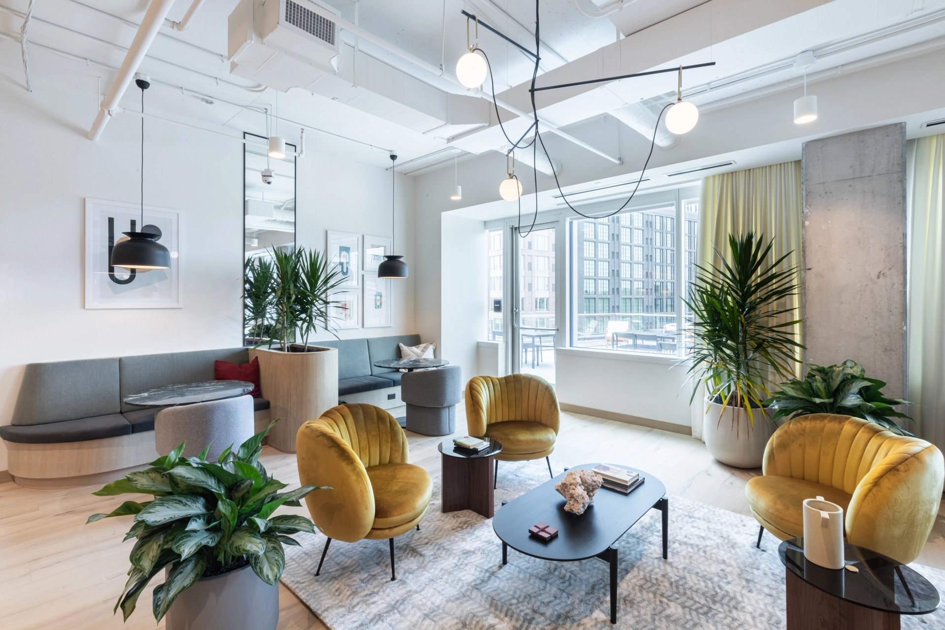 A coworking space in North Bethesda featuring yellow chairs and plants.