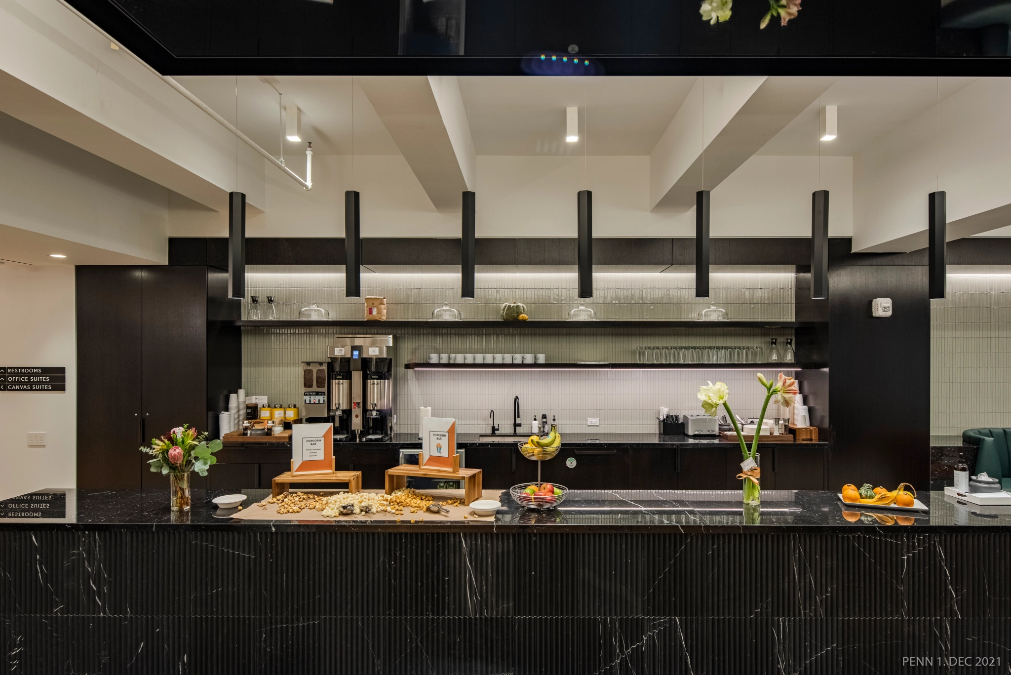 a black marble counter in a New York hotel lobby.