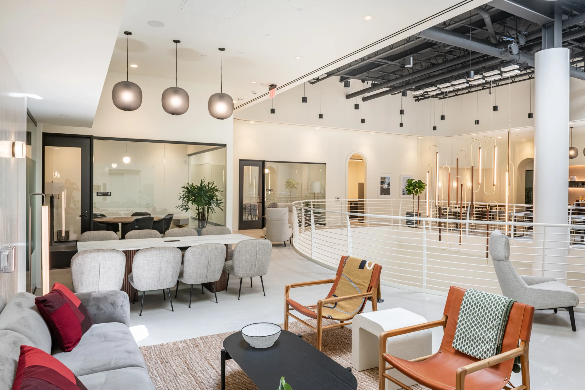 The coworking space in the lobby of a modern office building in Pasadena.