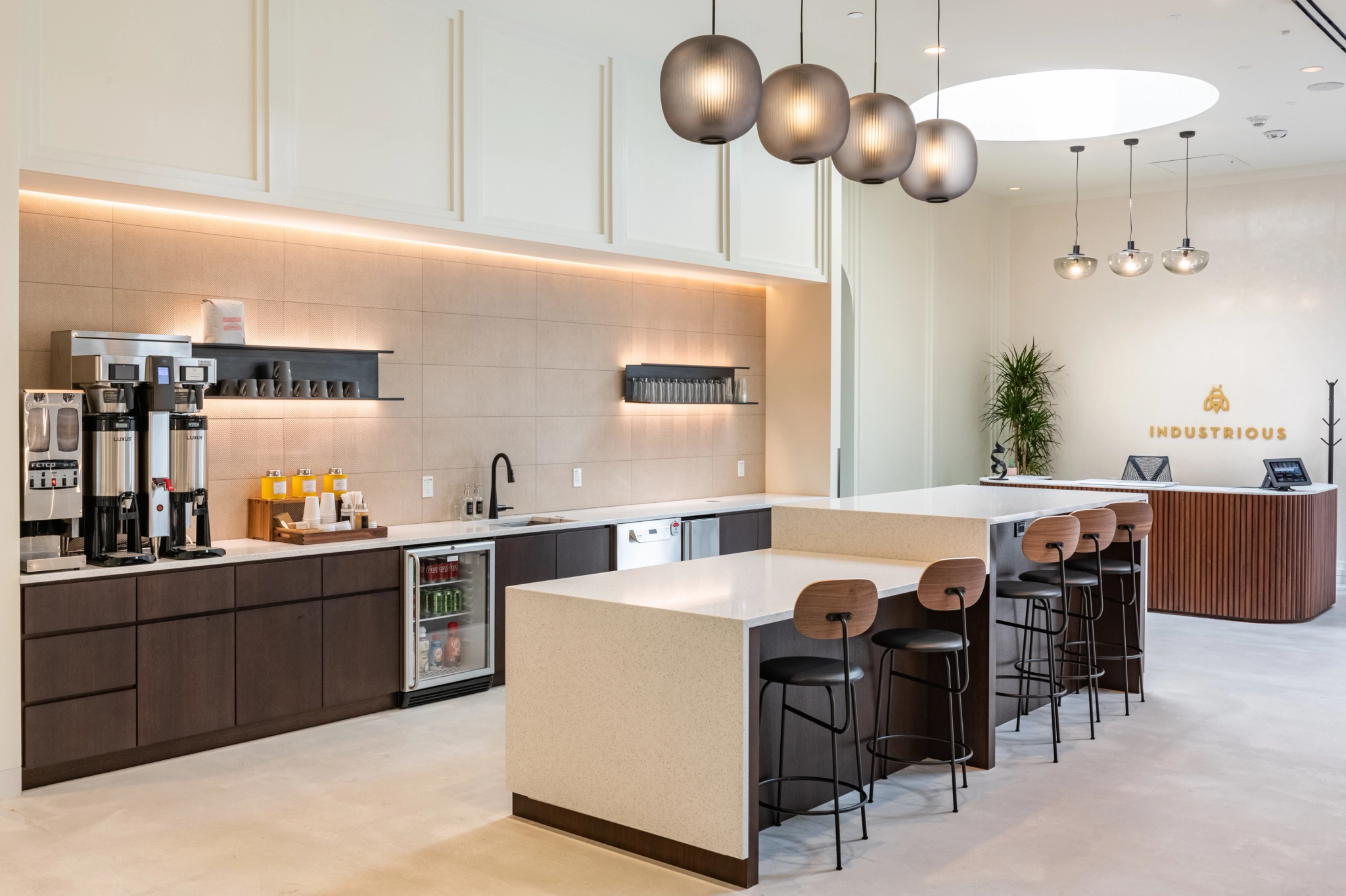 A Hotel lobby in Pasadena featuring a coffee bar, suitable for workspace or casual meetings.