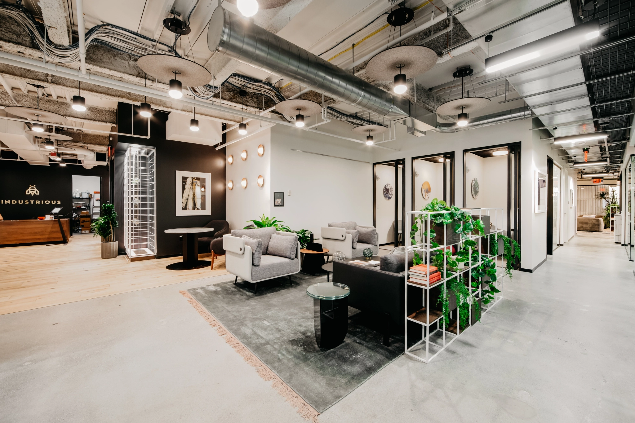 A coworking office in Boston, featuring abundant furniture and plants.