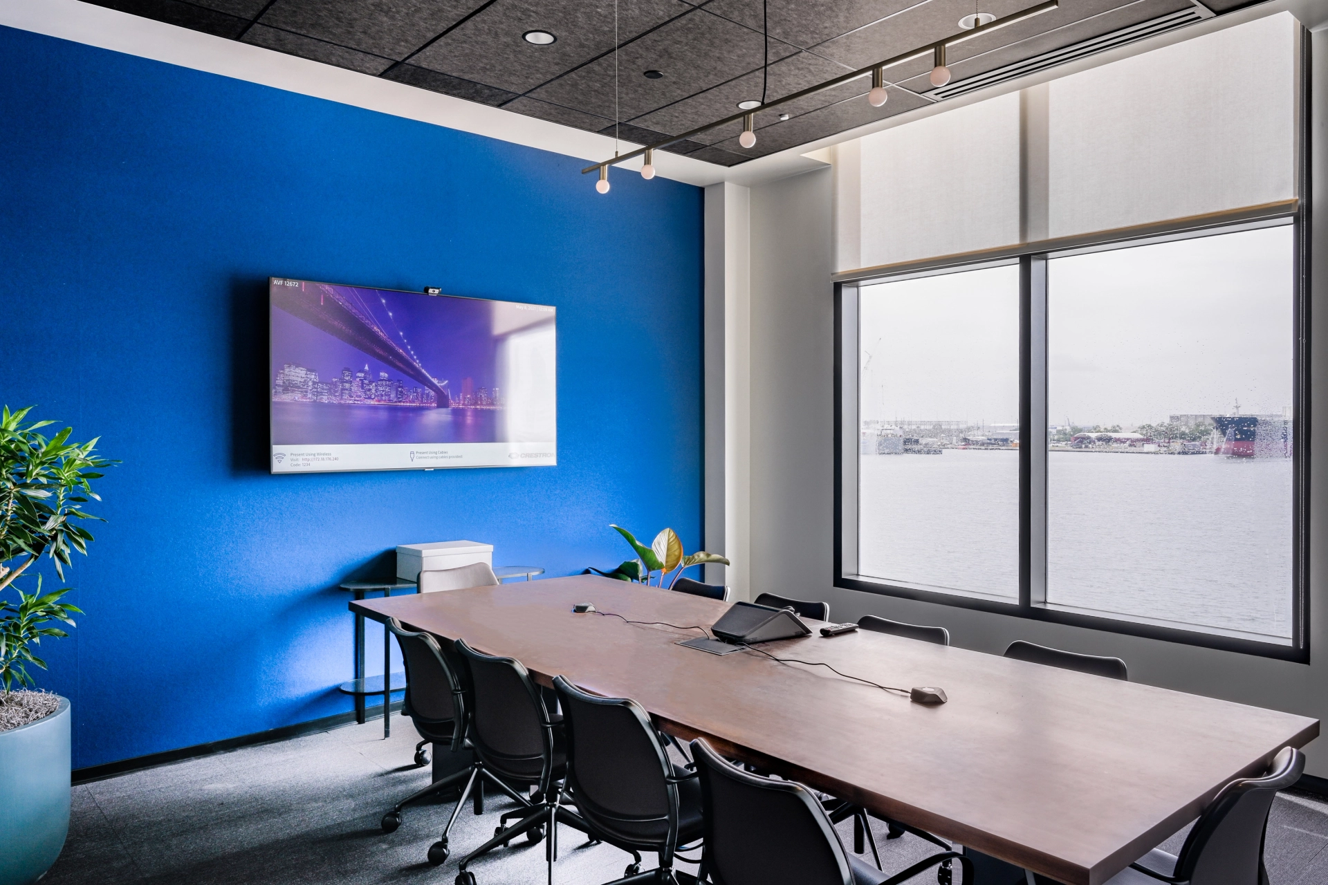 A Tampa office meeting room equipped with a TV and blue walls.