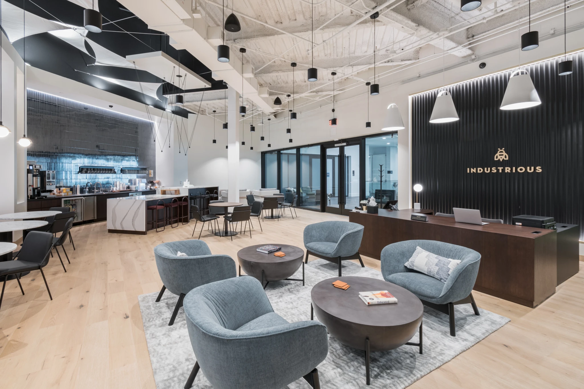 A modern reception/common area with ample seating