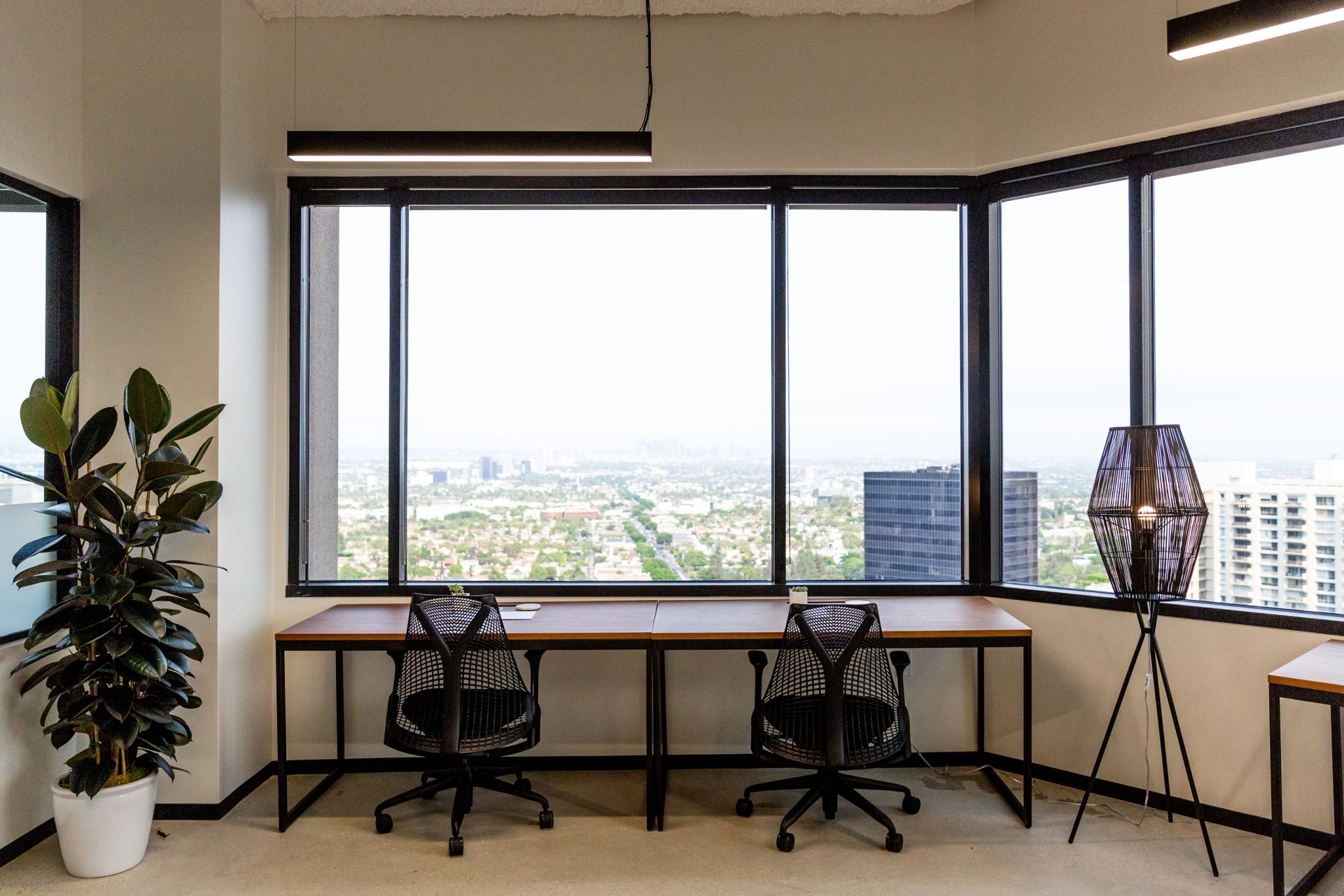 Moderne kantoorruimte met een groot raam met uitzicht op de stad Los Angeles, een gedeeld bureau en zitplaatsen voor drie personen, aangevuld met kamerplanten en stijlvolle verlichting.