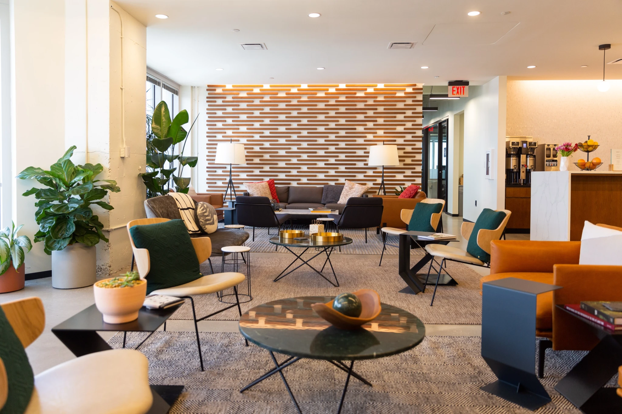 A brick wall in the office lobby.