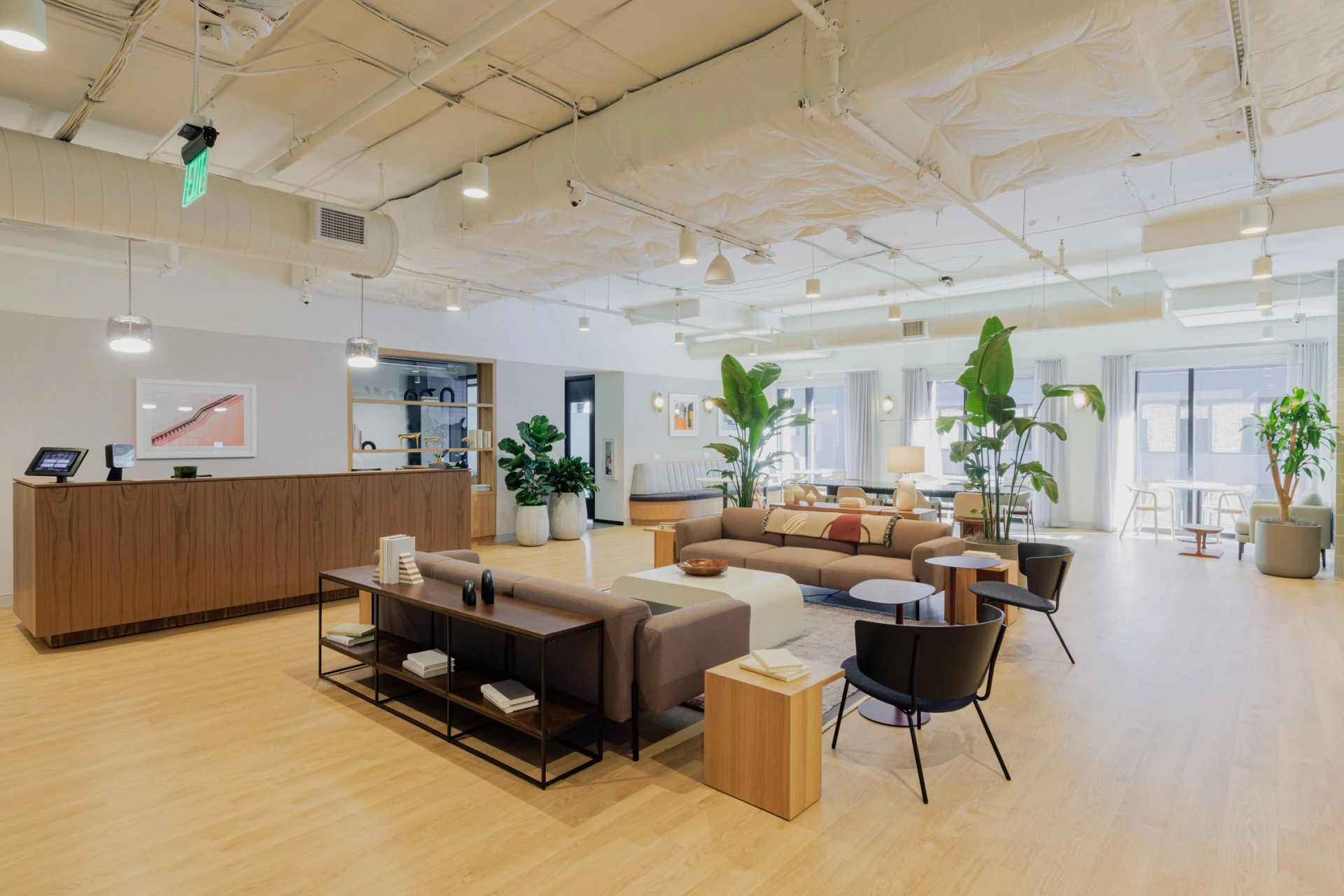 a modern coworking space with wooden floors and plants.