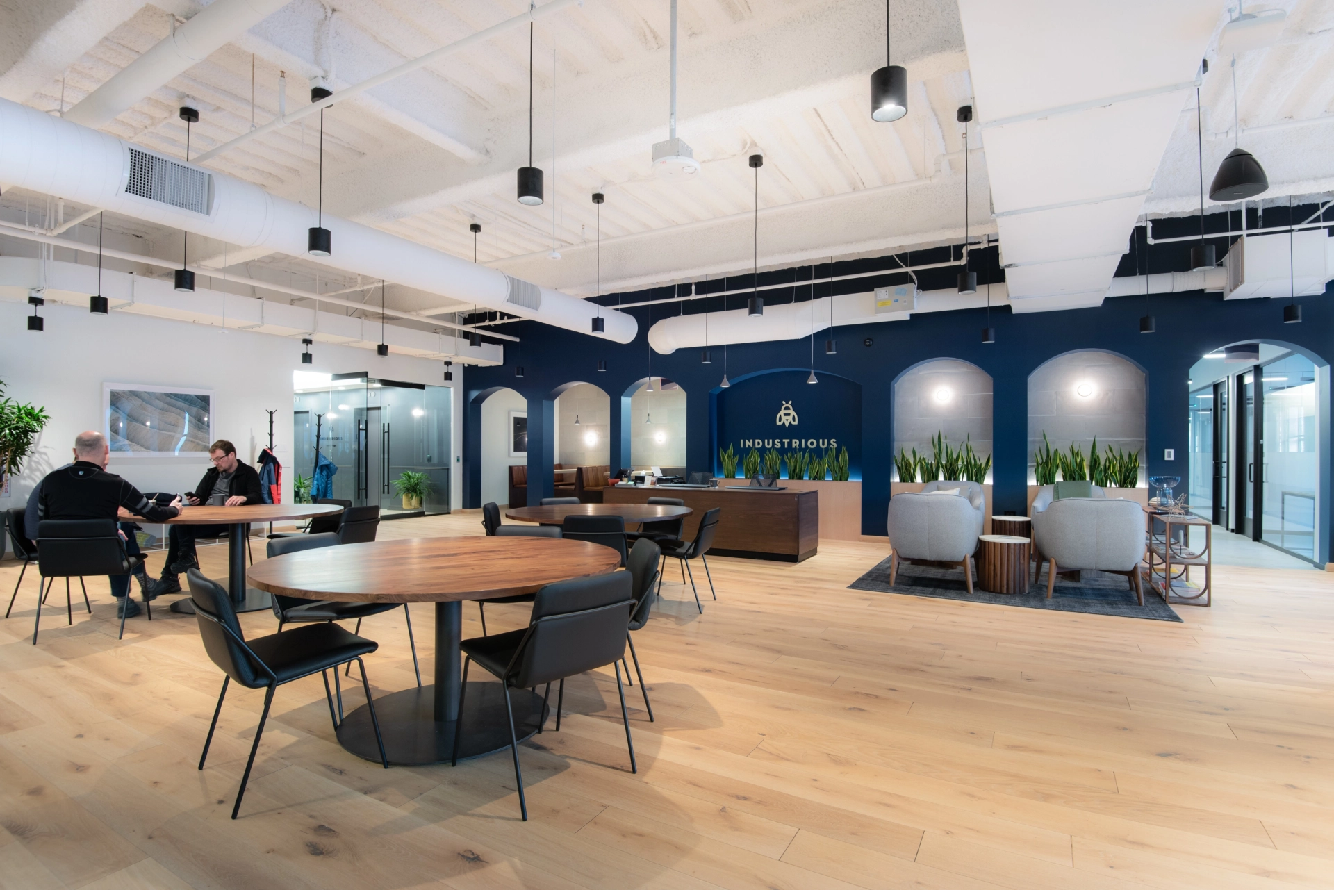 Een modern kantoor in Boston met houten vloeren en blauwe muren, perfect voor coworking in een trendy werkruimte.