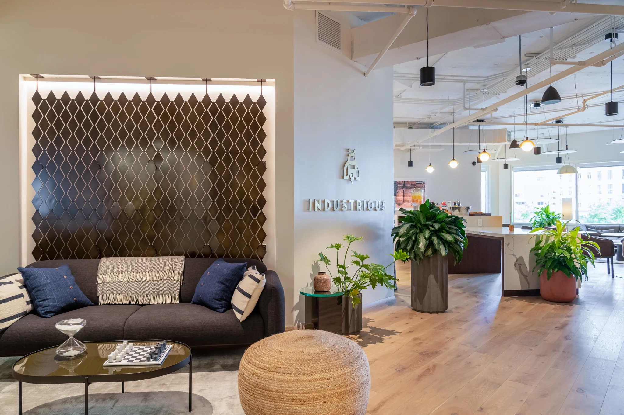The workspace of a modern office with a wooden floor.