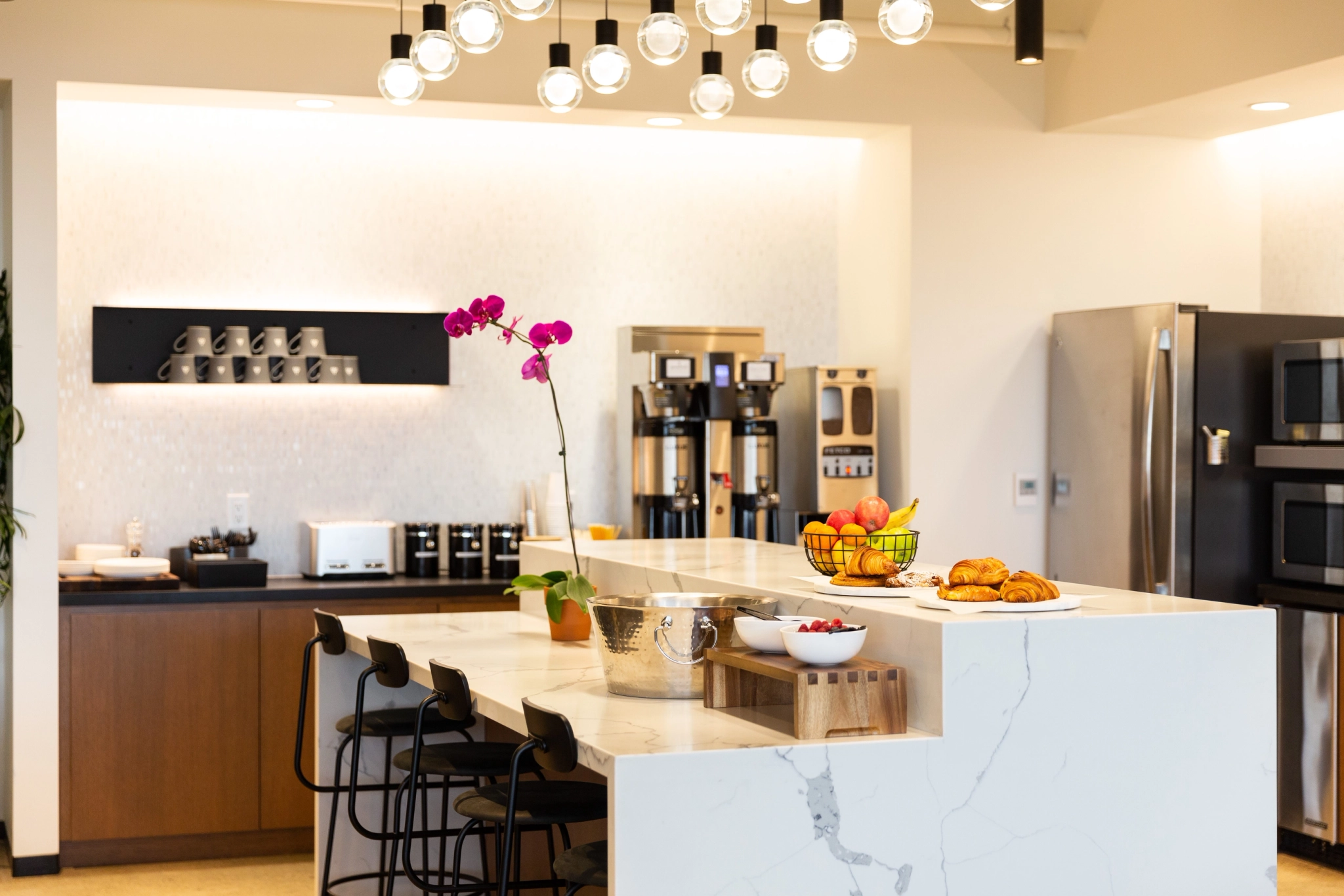 A workspace with a marble counter top.