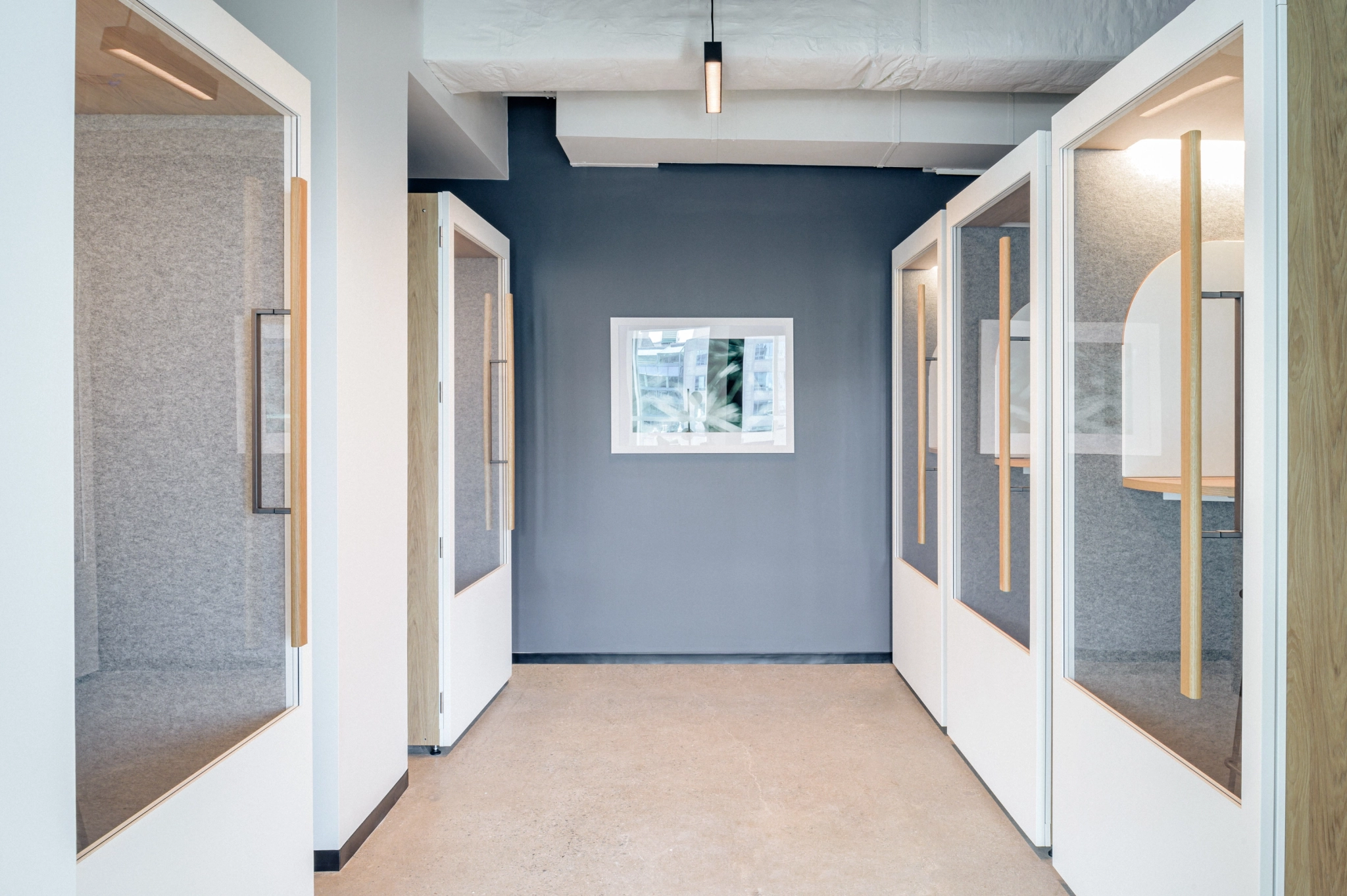 Un pasillo con paredes grises y dos cabinas telefónicas a cada lado, con puertas de cristal y tiradores de madera clara, conecta a la perfección el espacio de oficinas del coworking. En la pared del fondo cuelga elegantemente una fotografía enmarcada.