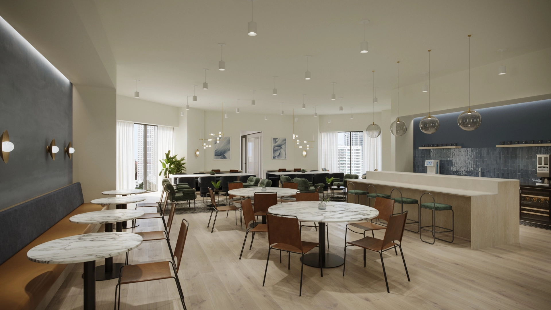 a modern workspace with tables and chairs, ideal for meetings and coworking.
