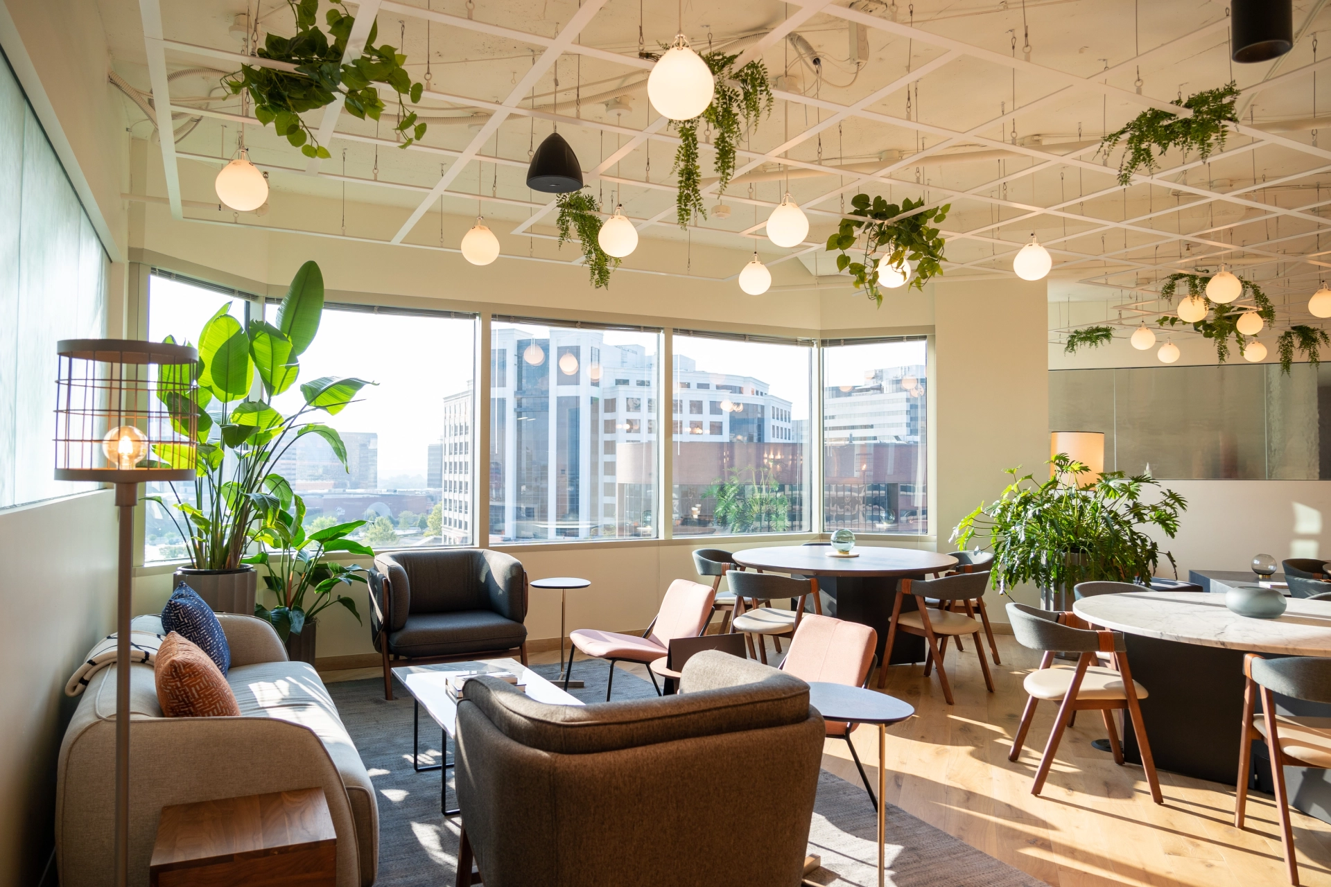 Une salle de réunion de coworking avec une abondance de plantes suspendues au plafond.