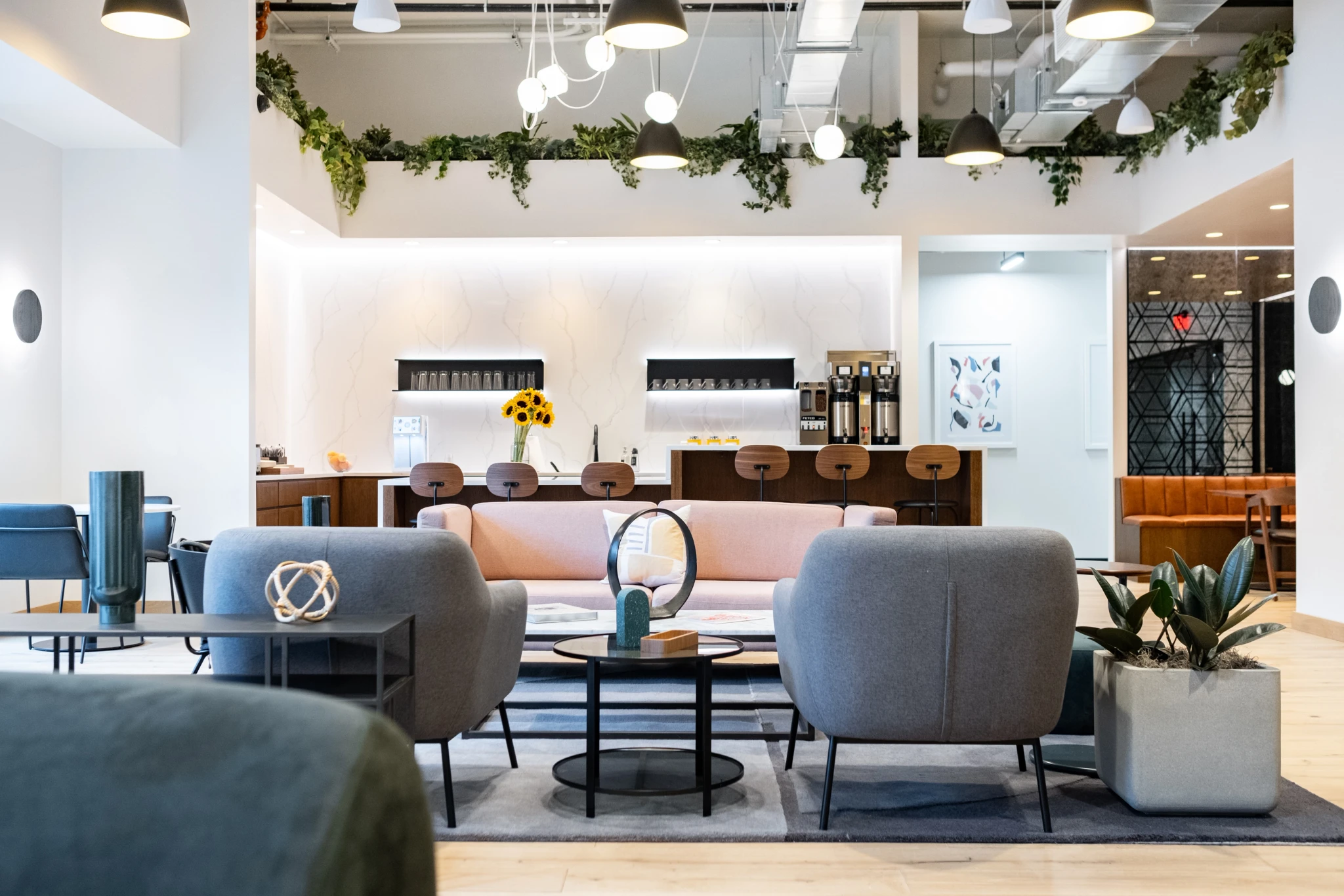 The lobby of a modern office is enhanced with plants.
