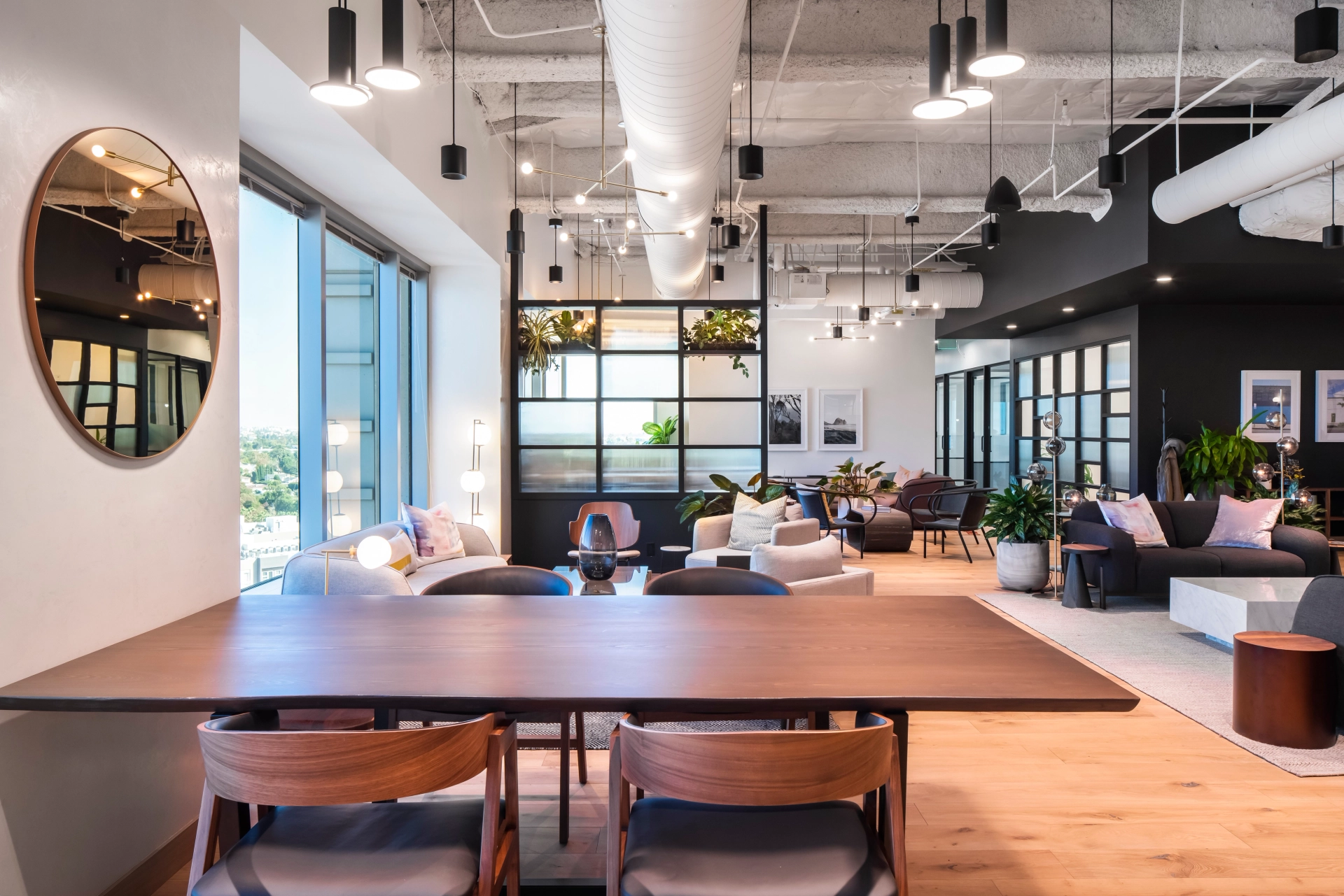 A Los Angeles coworking space with a modern office and dining table.