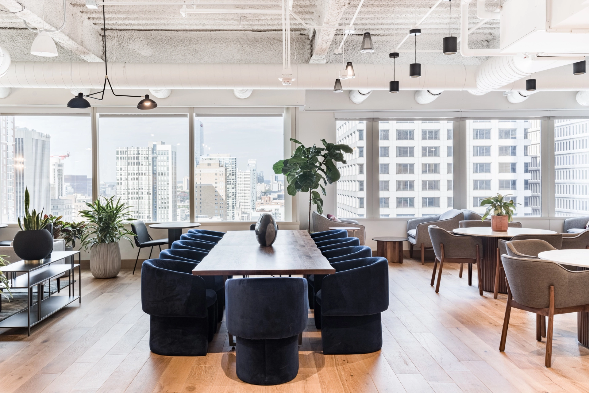 A Philadelphia office workspace with a view of the city.
