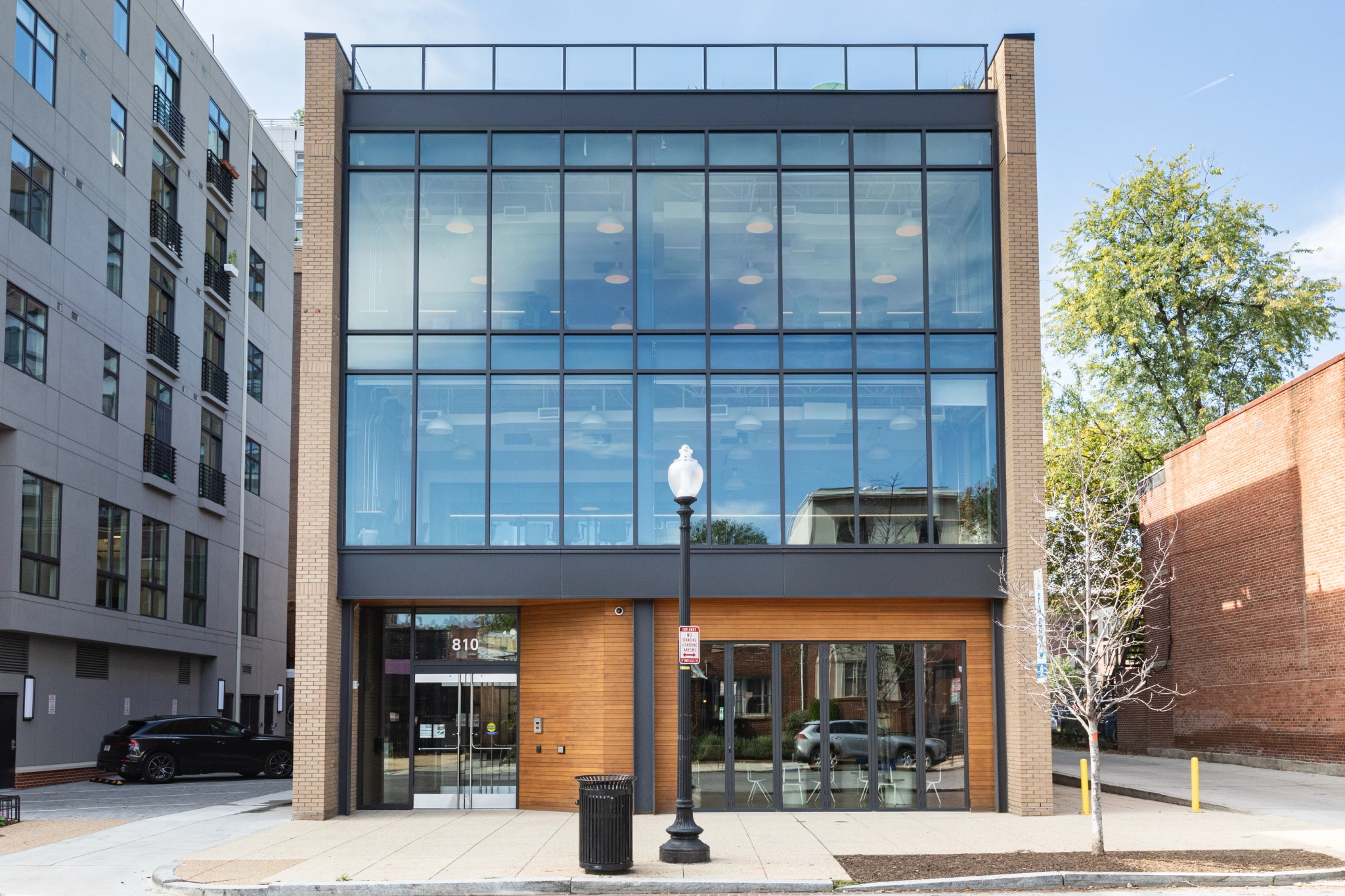 A workspace with a large glass window.