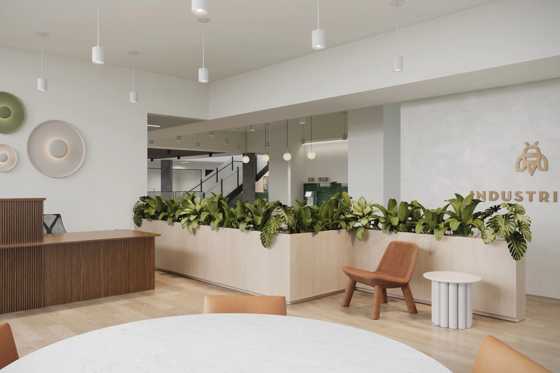 The coworking office in Miami welcomes guests with a reception area featuring a table and chairs.
