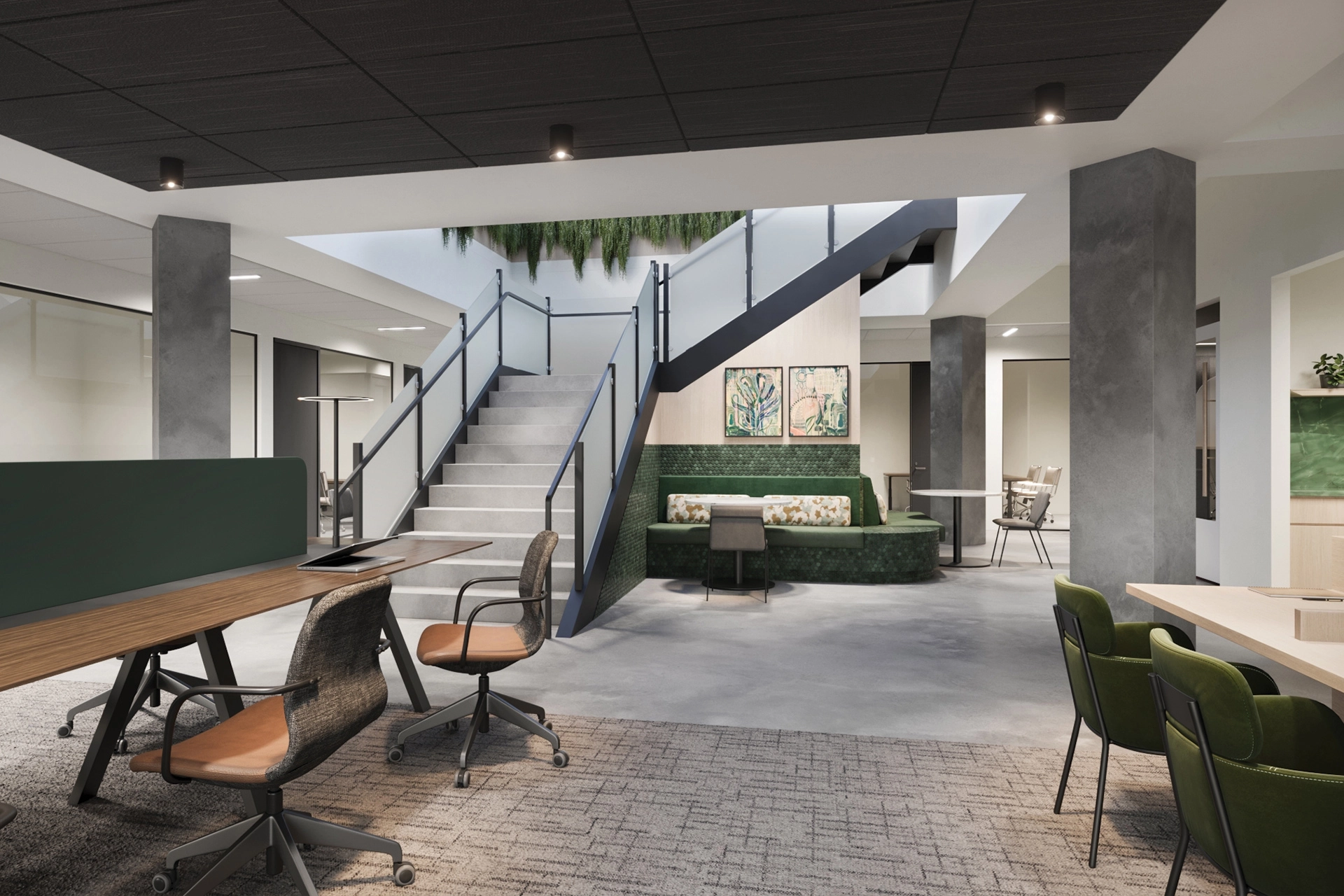 A rendering of an office workspace with green chairs and stairs.