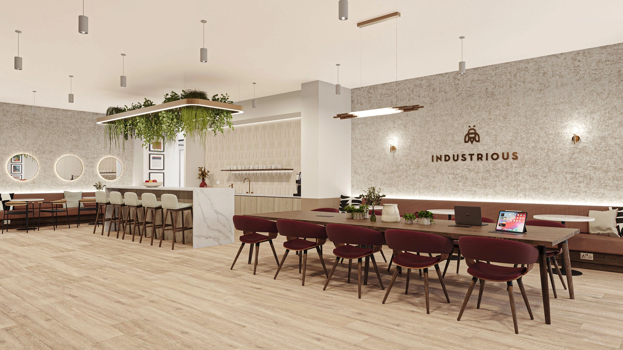 A 3D rendering of a restaurant with wooden tables and chairs in London.