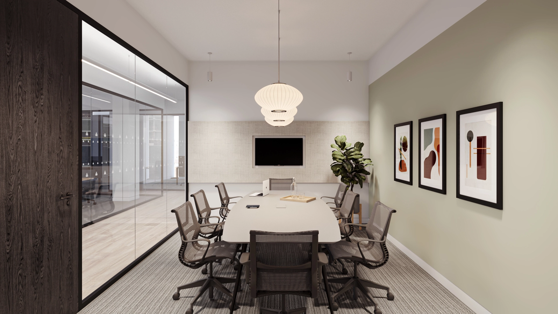 A rendering of an office meeting room in London.