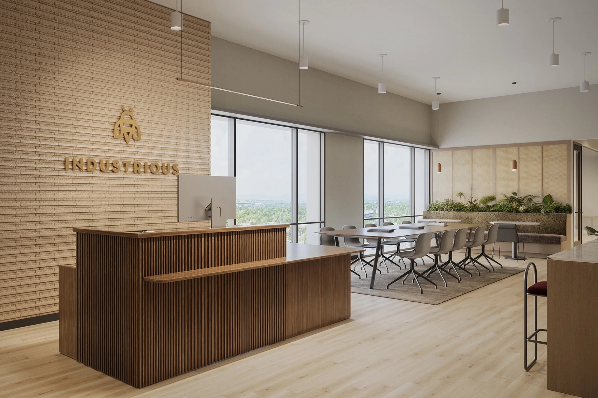 A rendering of a reception area in a modern office with a meeting room.