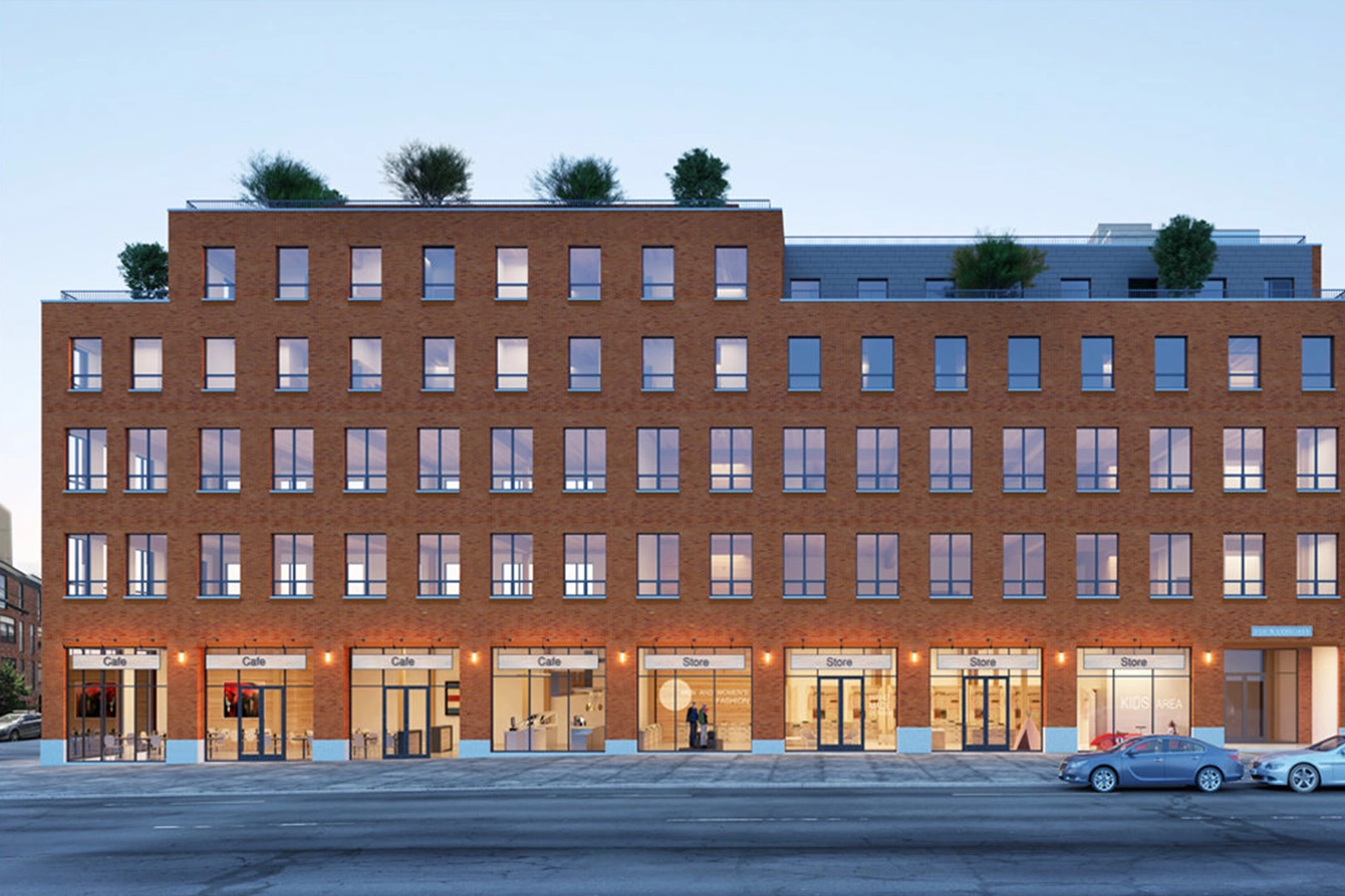 A rendering of a brick building with cars parked in front of it, representing a workspace.