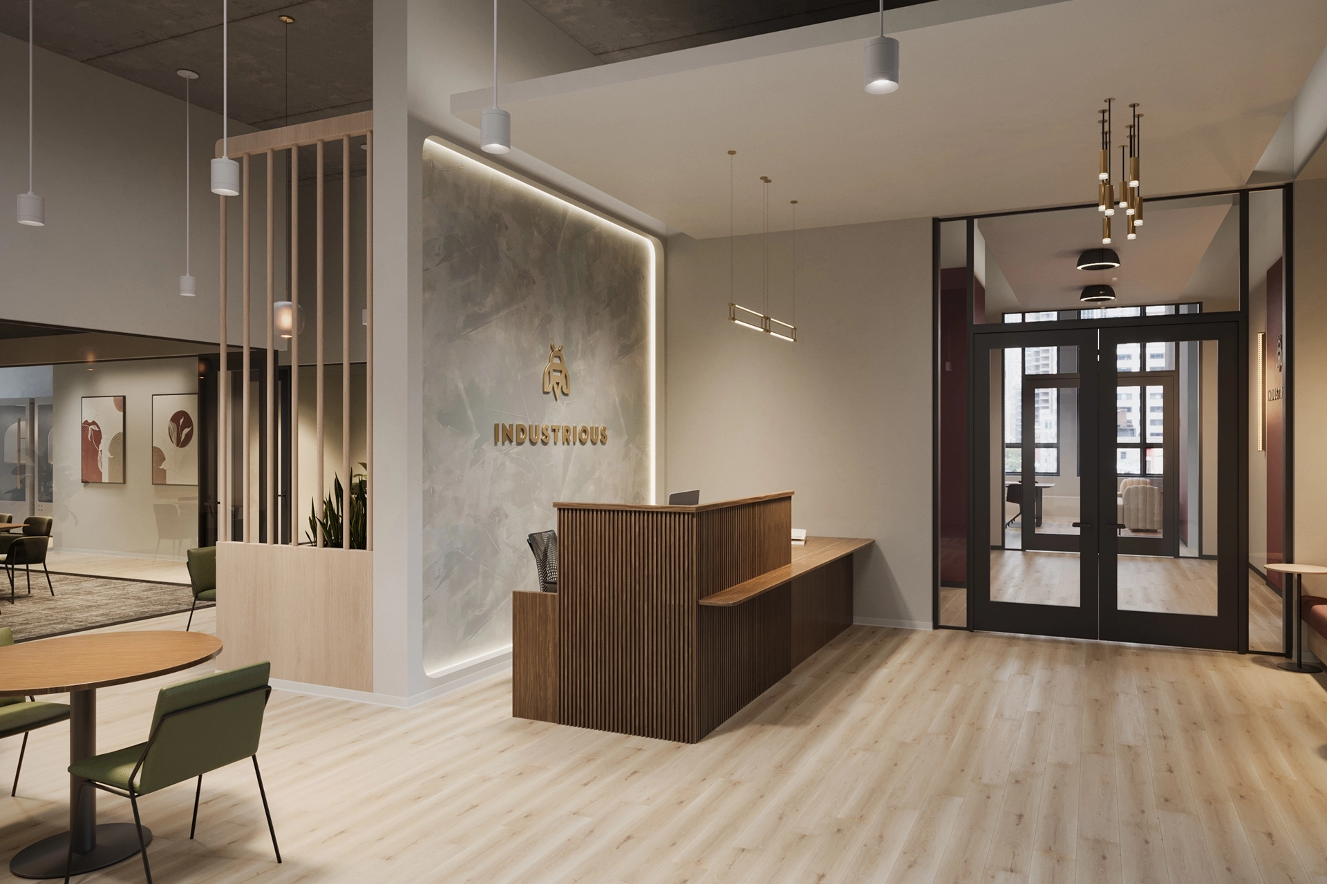 Modern office lobby with reception desk, contemporary decor, and coworking workspace.