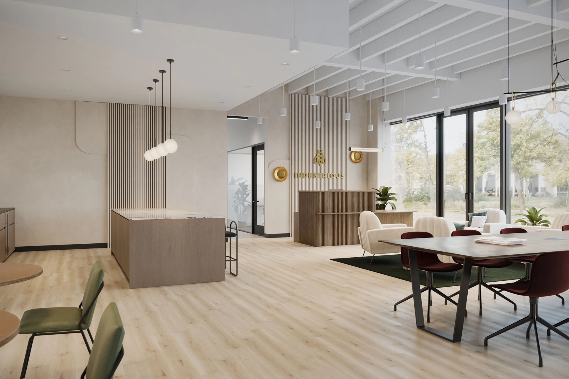 Modern coworking office reception area with minimalist decor and wooden floors.