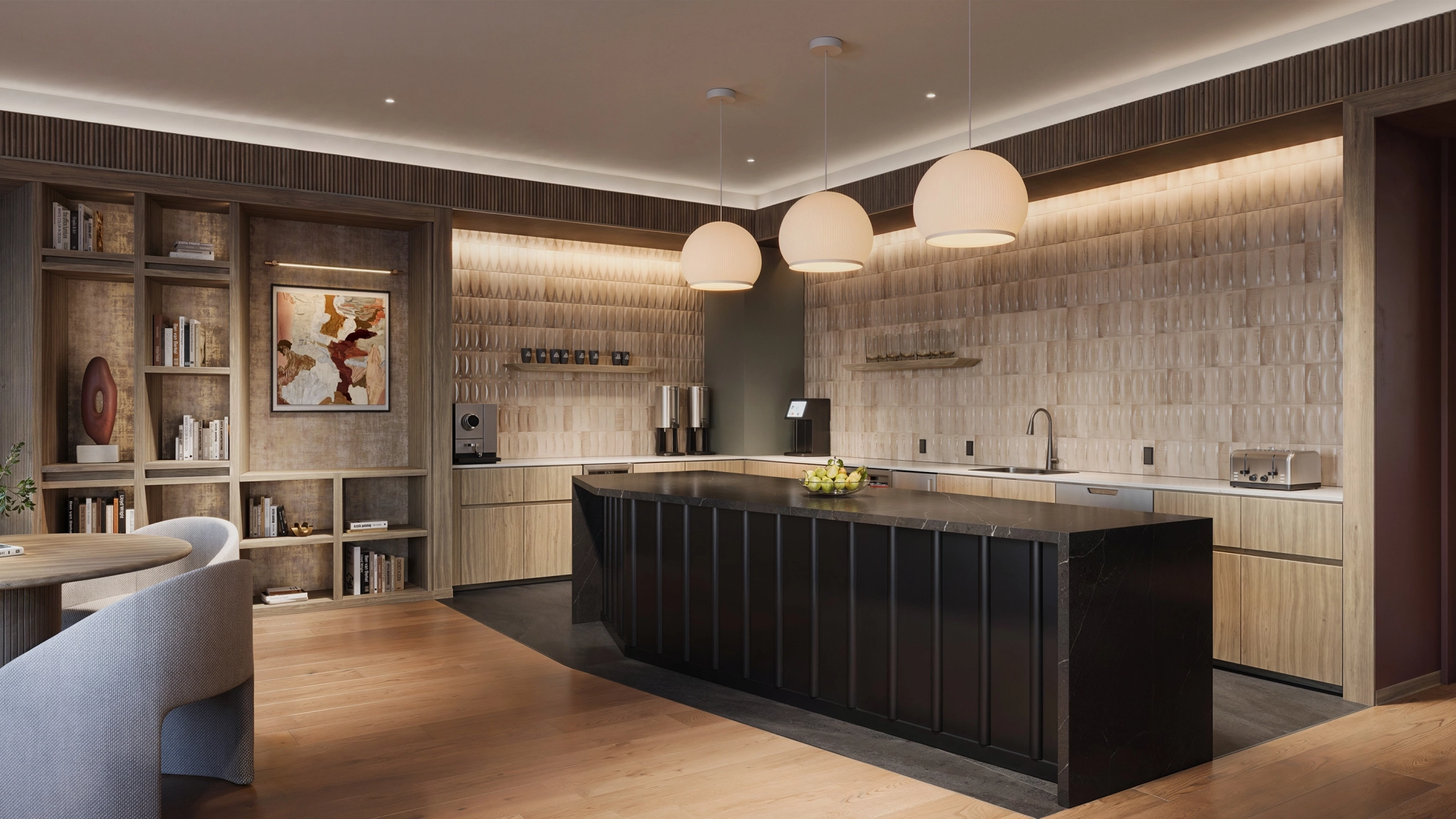 Modern kitchen with a large black island, wooden cabinets, open shelves, built-in appliances, three pendant lights, and a bookshelf on the left wall—perfect as a stylish workspace or for casual office meetings.
