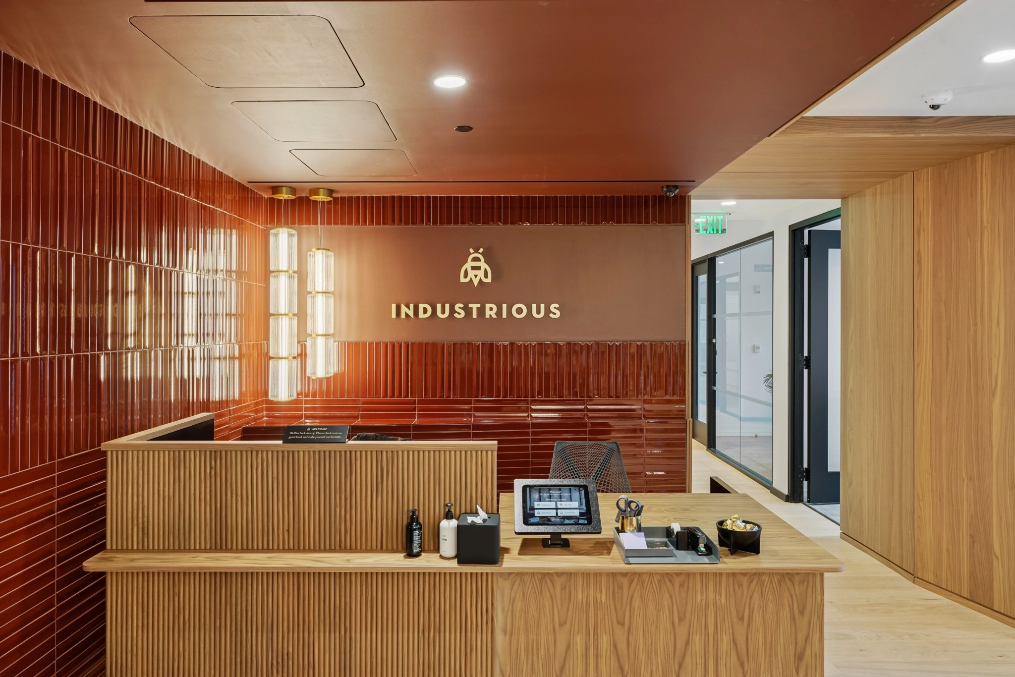 a large, bright meeting room with a large screen