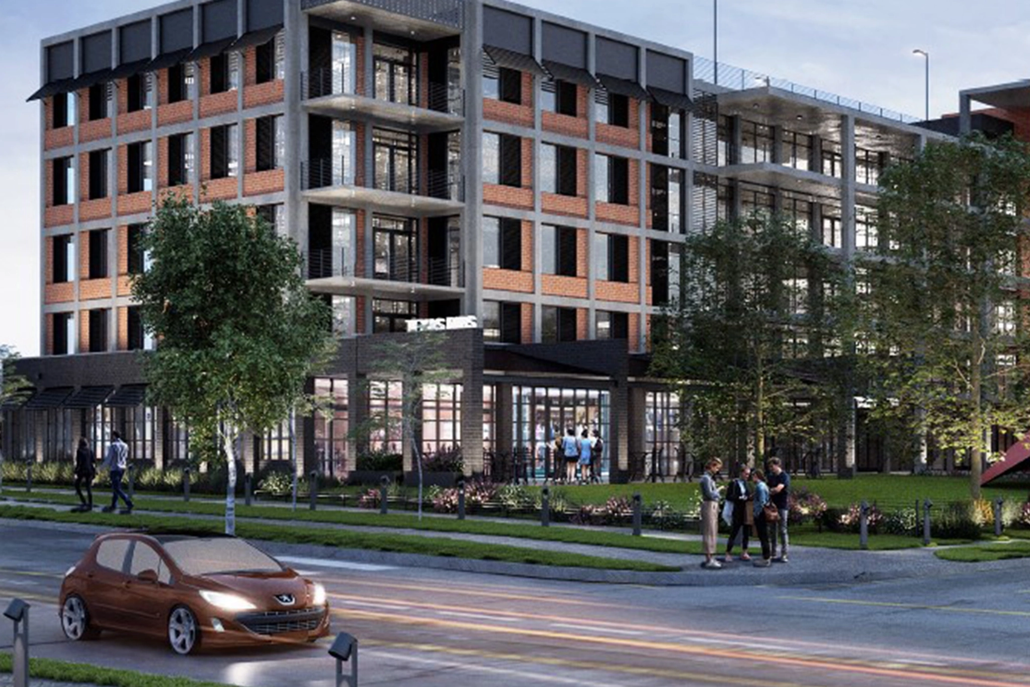 A modern, multi-story coworking building with a brown facade and large windows, surrounded by trees and sidewalks. Several people are walking in Austin, and a parked brown car is visible in the foreground.