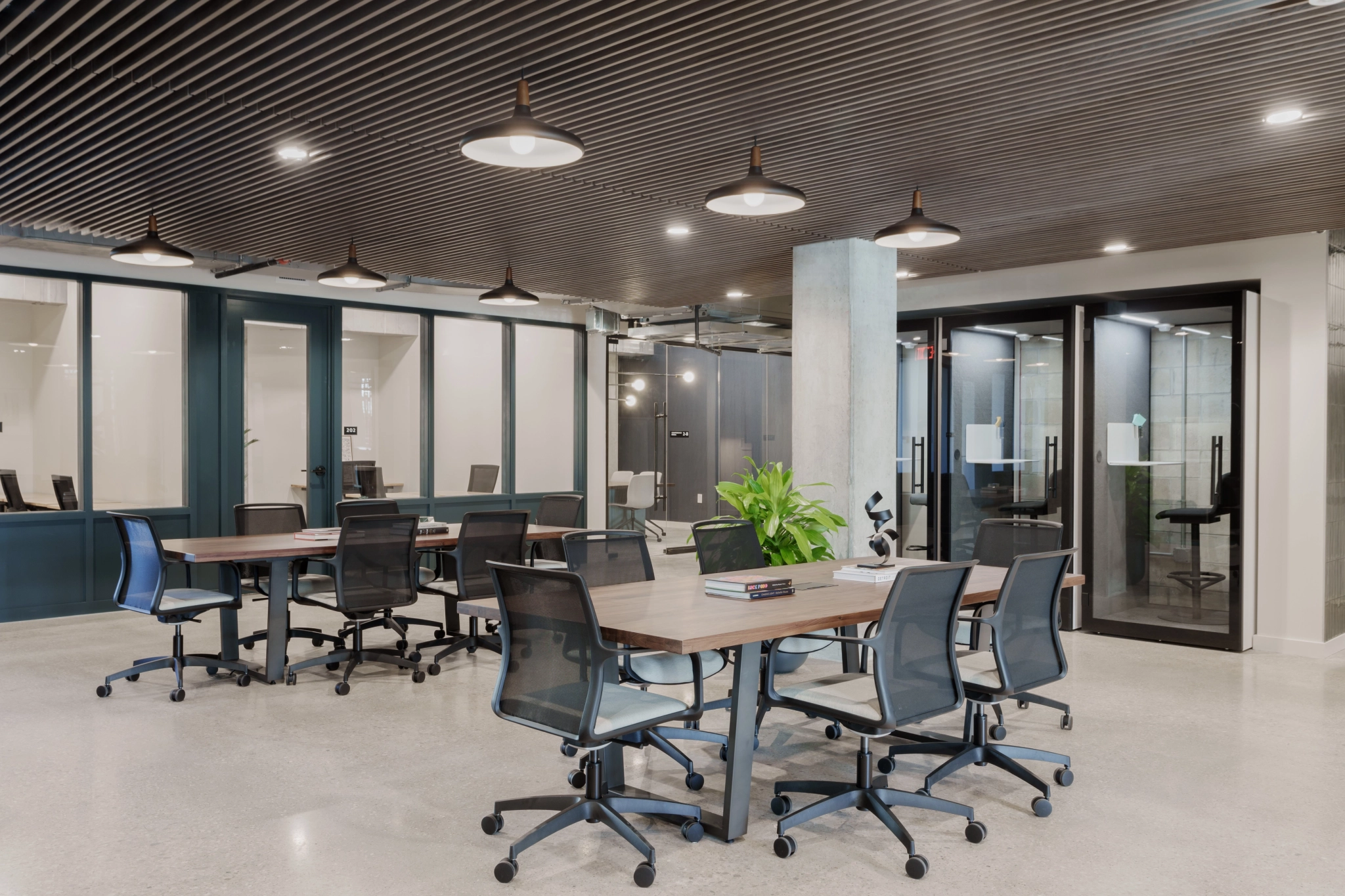 Espacio de trabajo moderno en Austin con puestos de trabajo abiertos con sillas negras, mesas de madera y plantas exuberantes. Las salas de reuniones con paredes de vidrio se encuentran frente a un fondo de techos de madera oscura adornados con luces redondas.