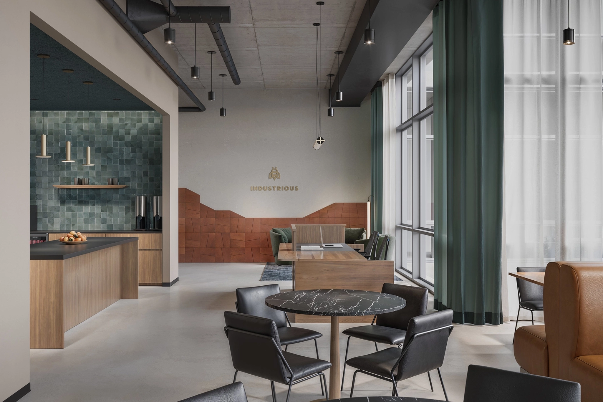 A modern office lounge seamlessly transforms into an inviting meeting room, featuring a marble table, leather chairs, large windows, and a kitchenette. Textured tile walls and wood paneling enhance the space, while drapes and ceiling lights complete this stylish coworking atmosphere.