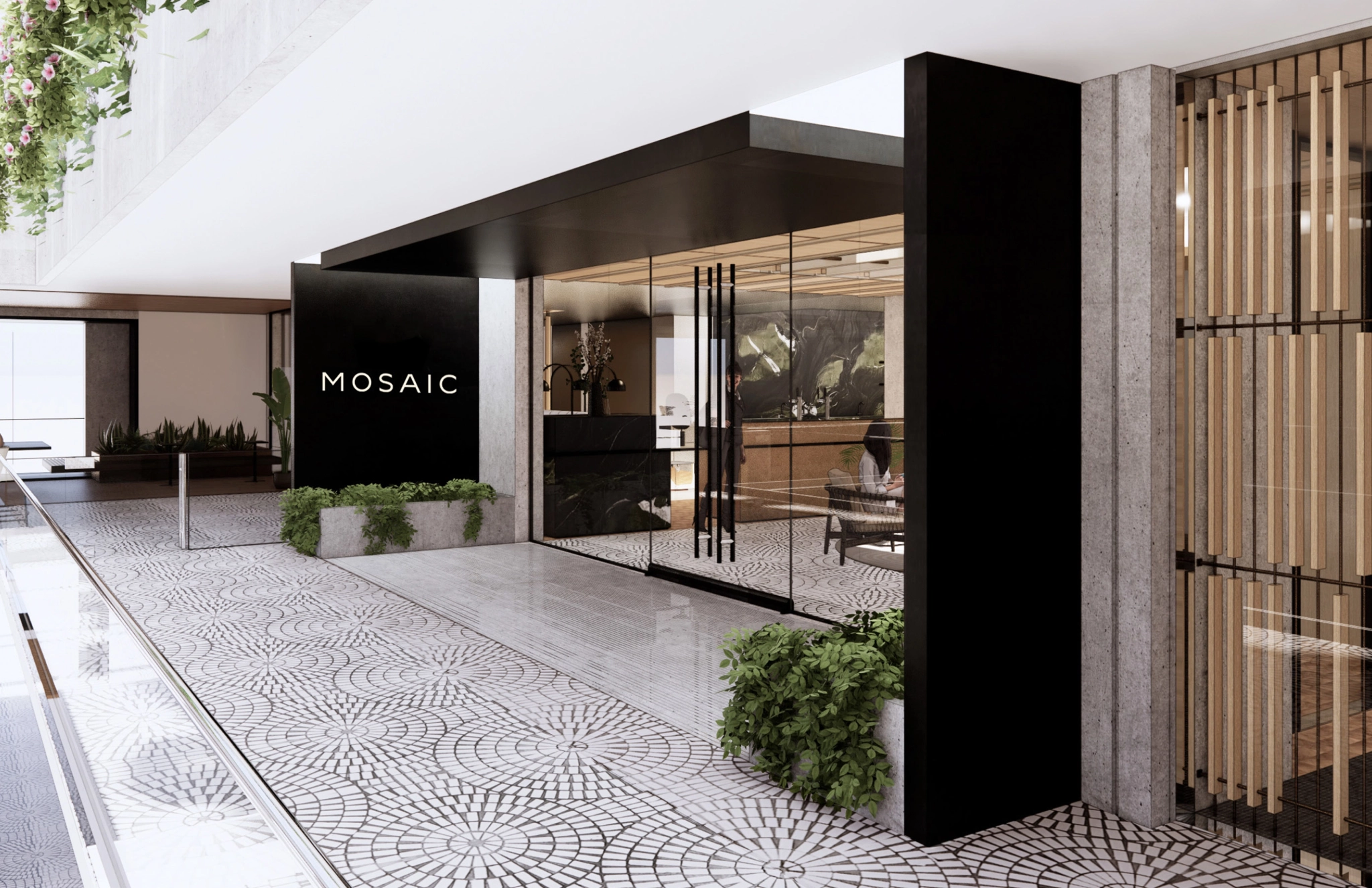 The modern building entrance in San Francisco features glass doors and the word "Mosaic" on its dark facade. Patterned tile flooring and lush plants adorn the exterior, inviting visitors into a vibrant coworking space beyond.