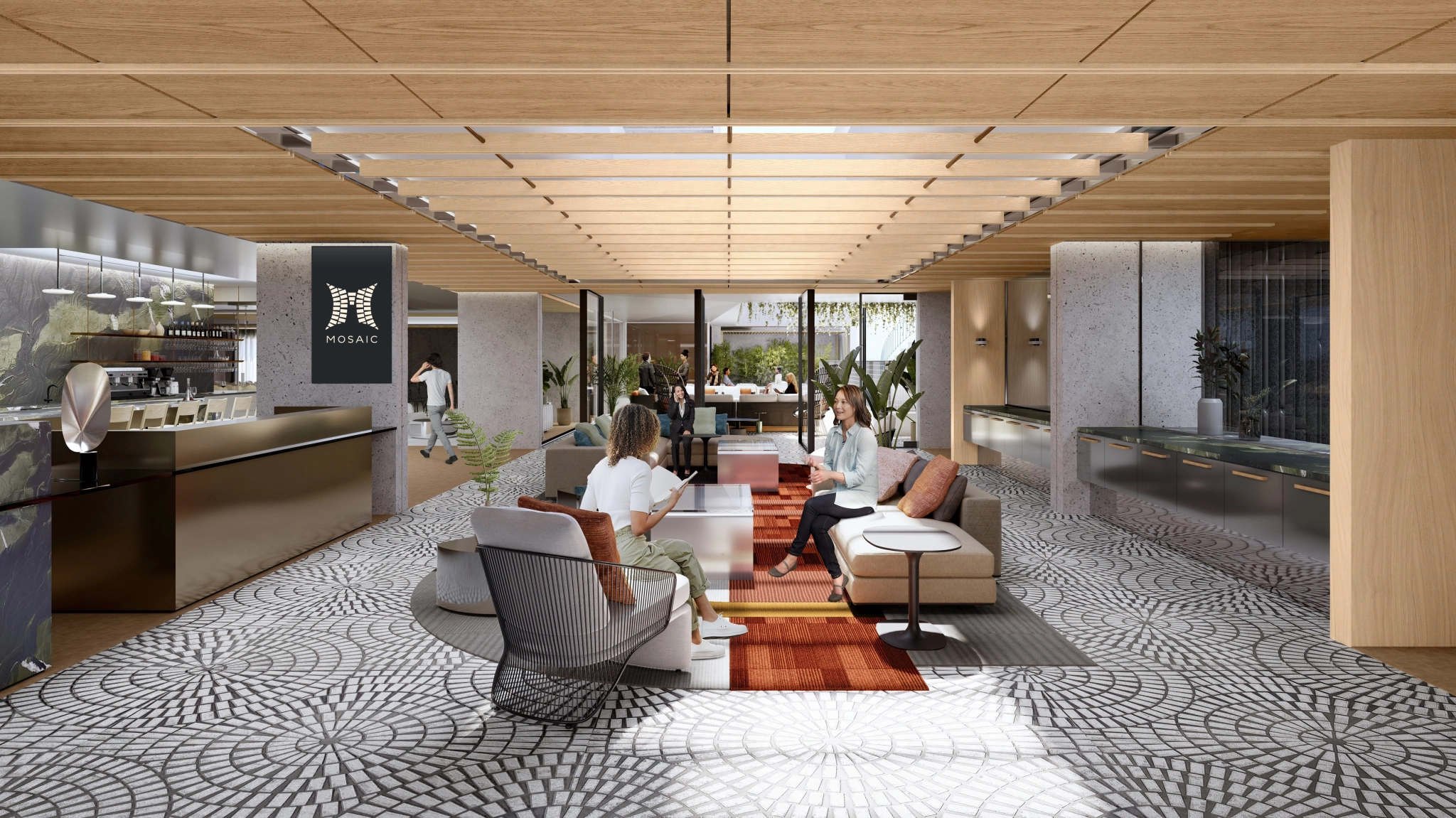 Spacious modern lobby with geometric floor tiles, lounge chairs, and plants. The reception desk on the left welcomes visitors to this vibrant workspace where people are sitting and talking.