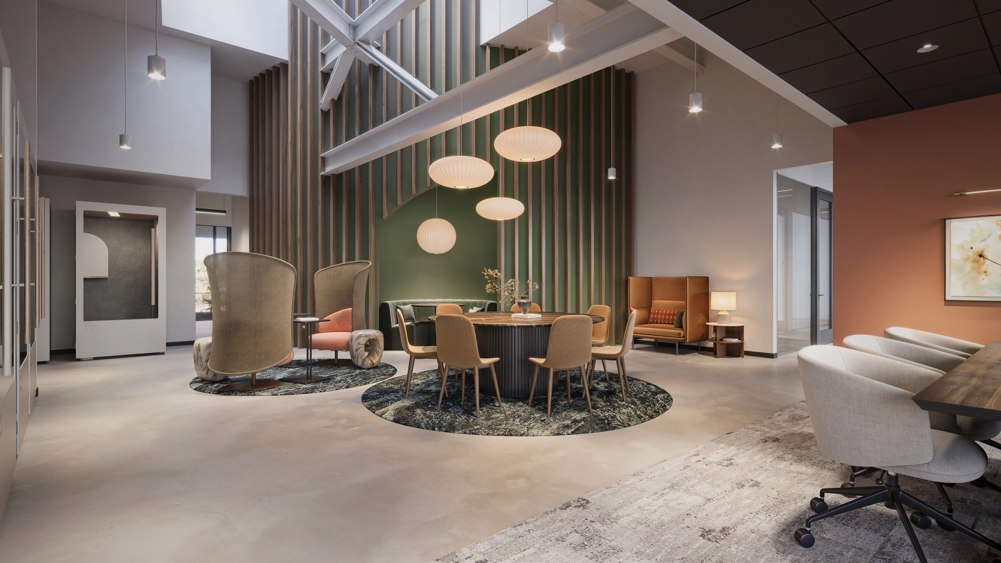 Modern Palo Alto office with lounge chairs, round tables, and pendant lights offers coworking spaces and meeting rooms. Vertical green wall panels and large windows enhance natural light for a vibrant, productive environment.