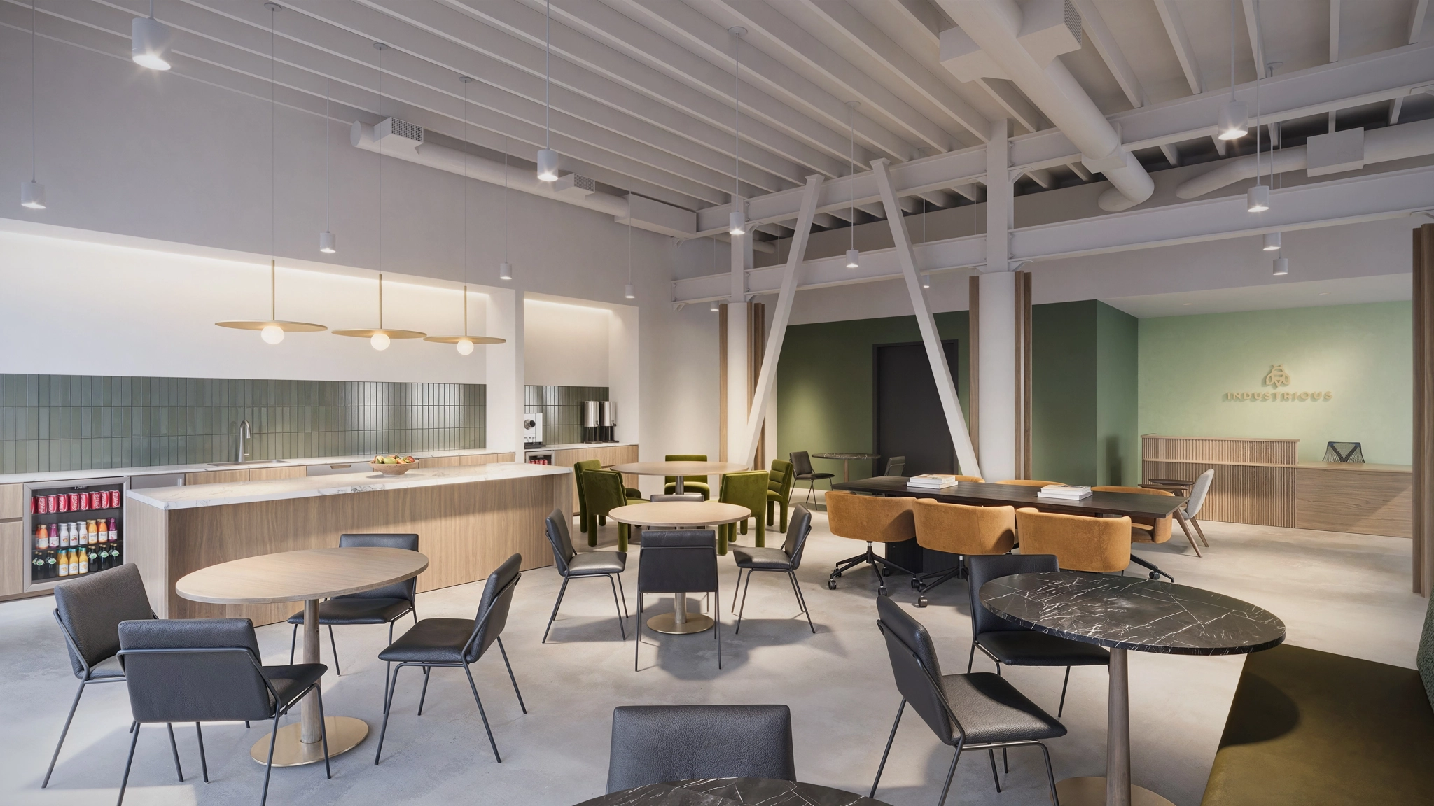 Modern coworking lounge with round tables, black chairs, a kitchen area, green and brown seating, and exposed ceiling beams in a well-lit office space.