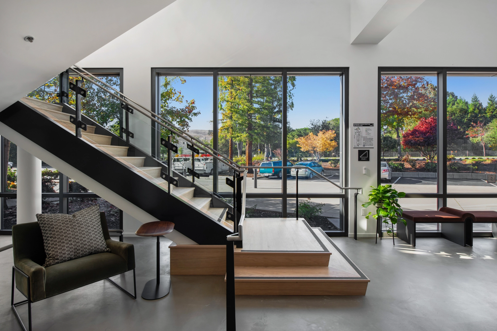 a large, bright meeting room with a large screen