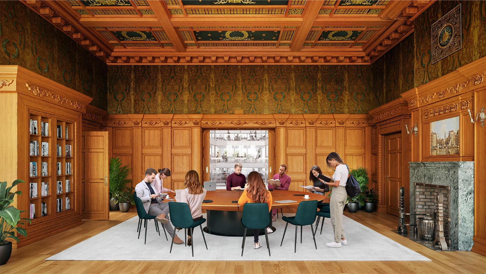 A group of eight people are gathered around a large table in an ornate, wood-paneled meeting room with a decorative ceiling and bookshelves.