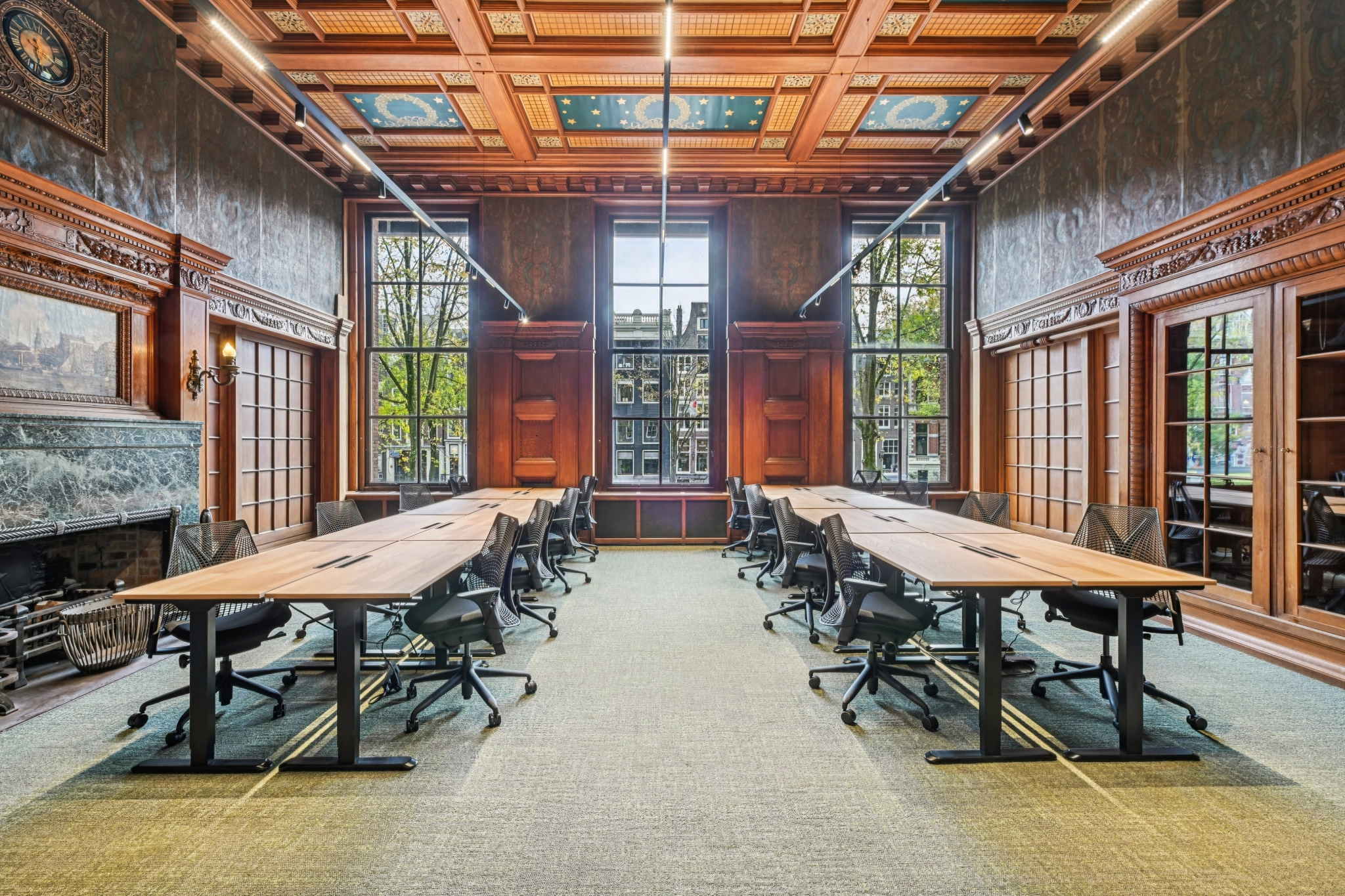 a large, bright meeting room with a large screen