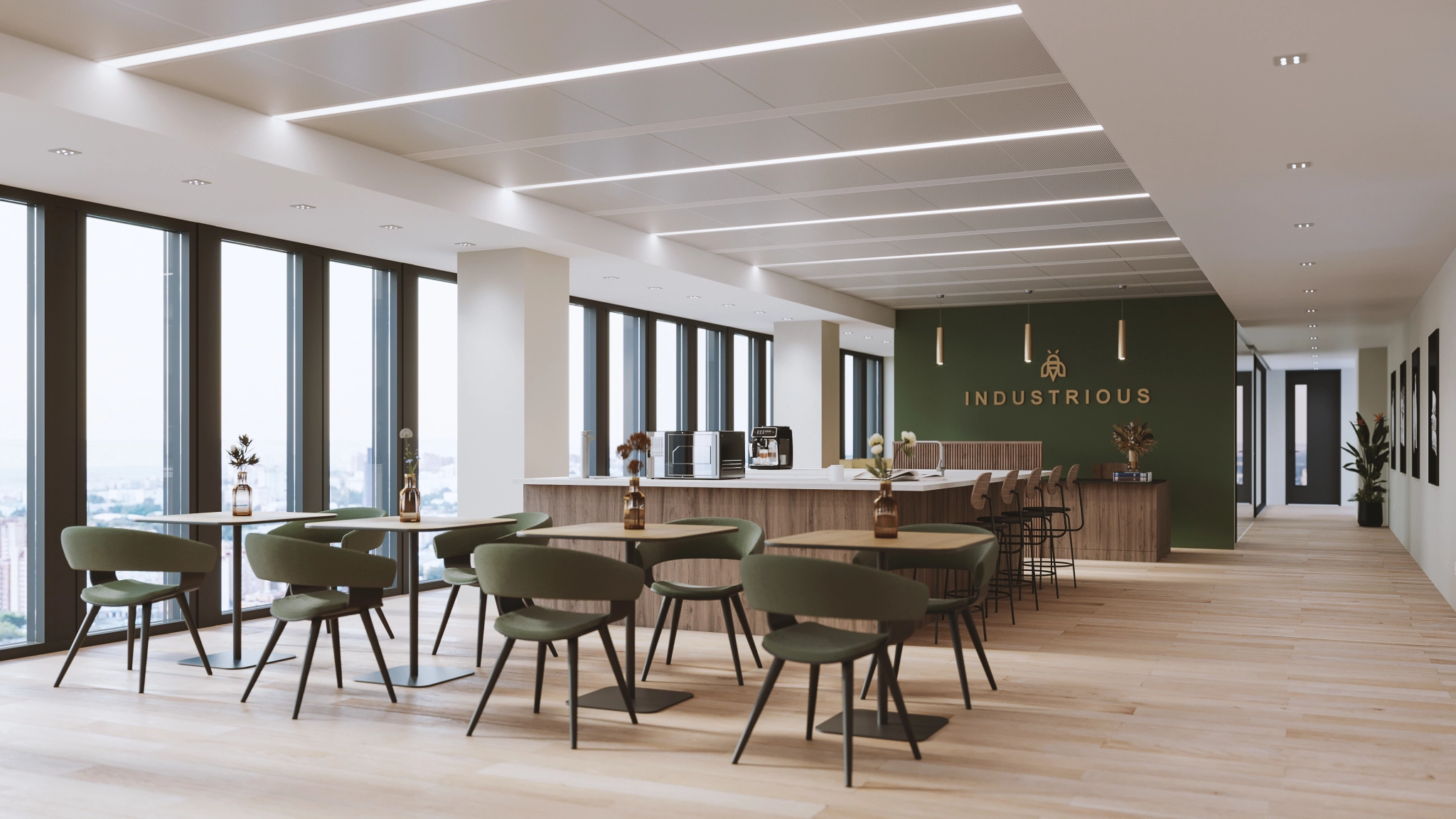 a large, bright meeting room with a large screen