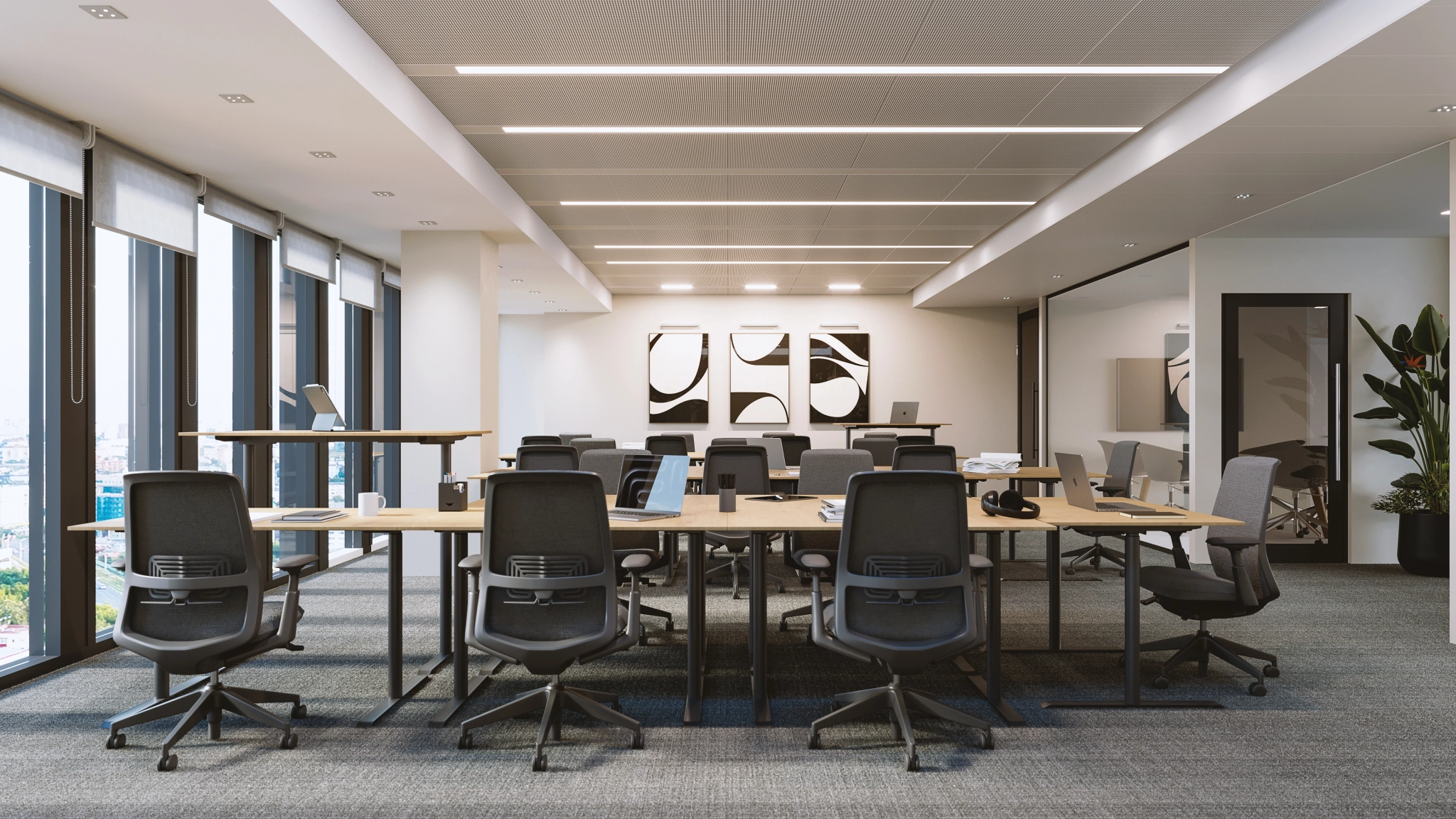 a large, bright meeting room with a large screen