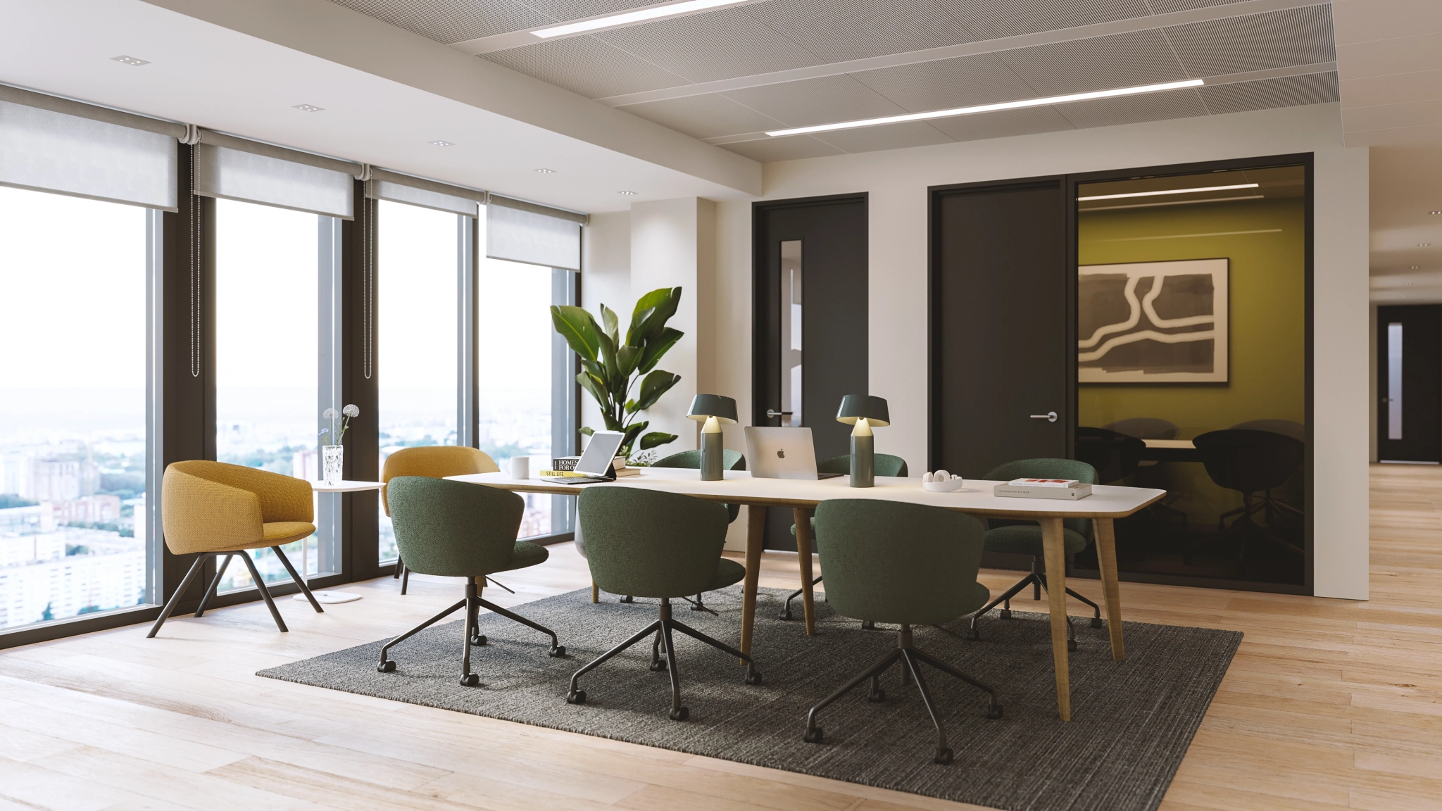 a large, bright meeting room with a large screen