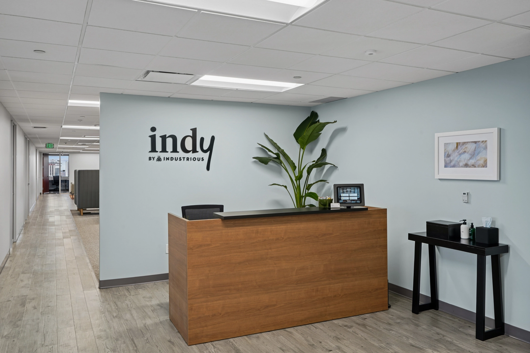 a large, bright meeting room with a large screen