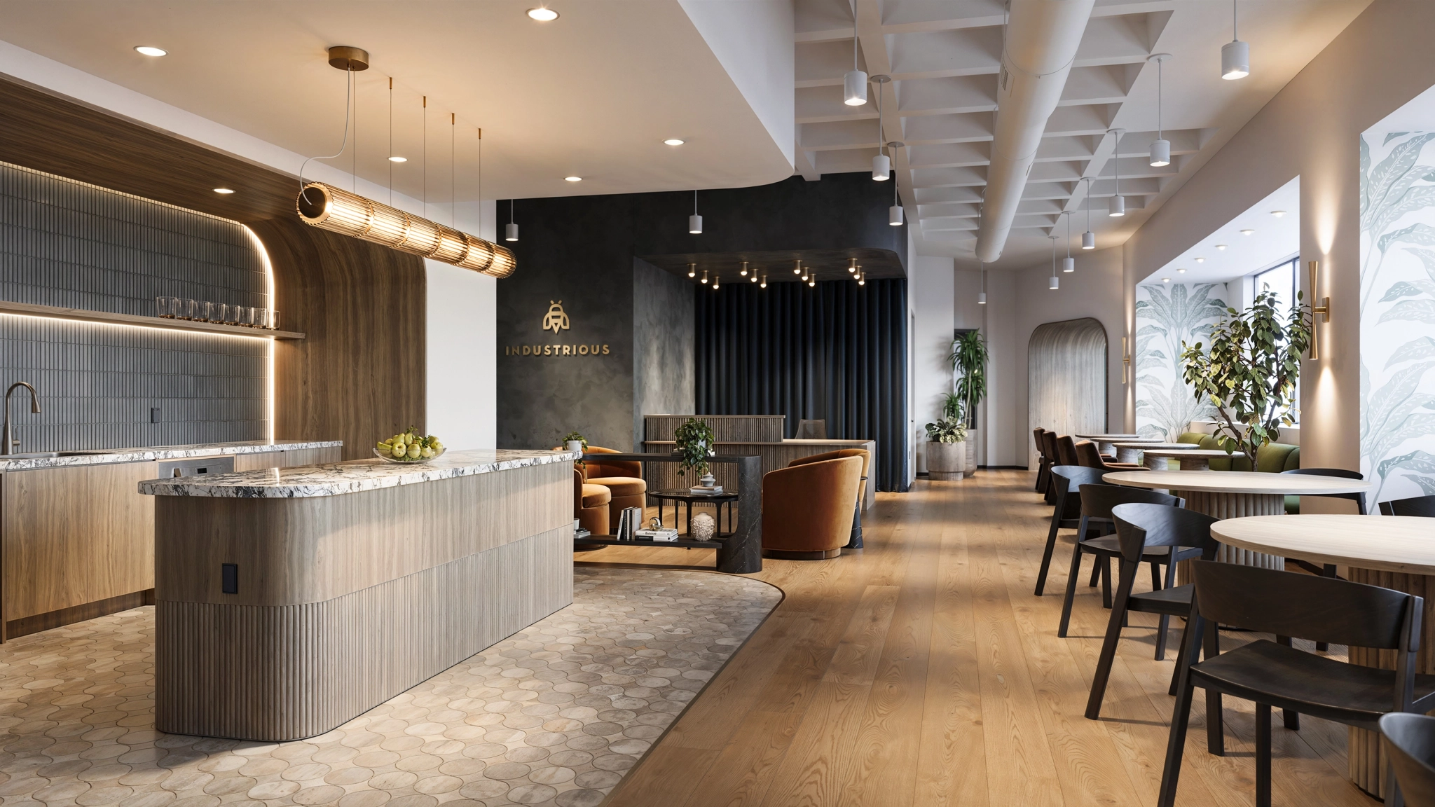 Modern coworking space with a marble-front desk, wooden floors, lounge seating, round tables, tiled accents, and large windows allowing natural light—ideal for productive workspace needs or booking a meeting room.