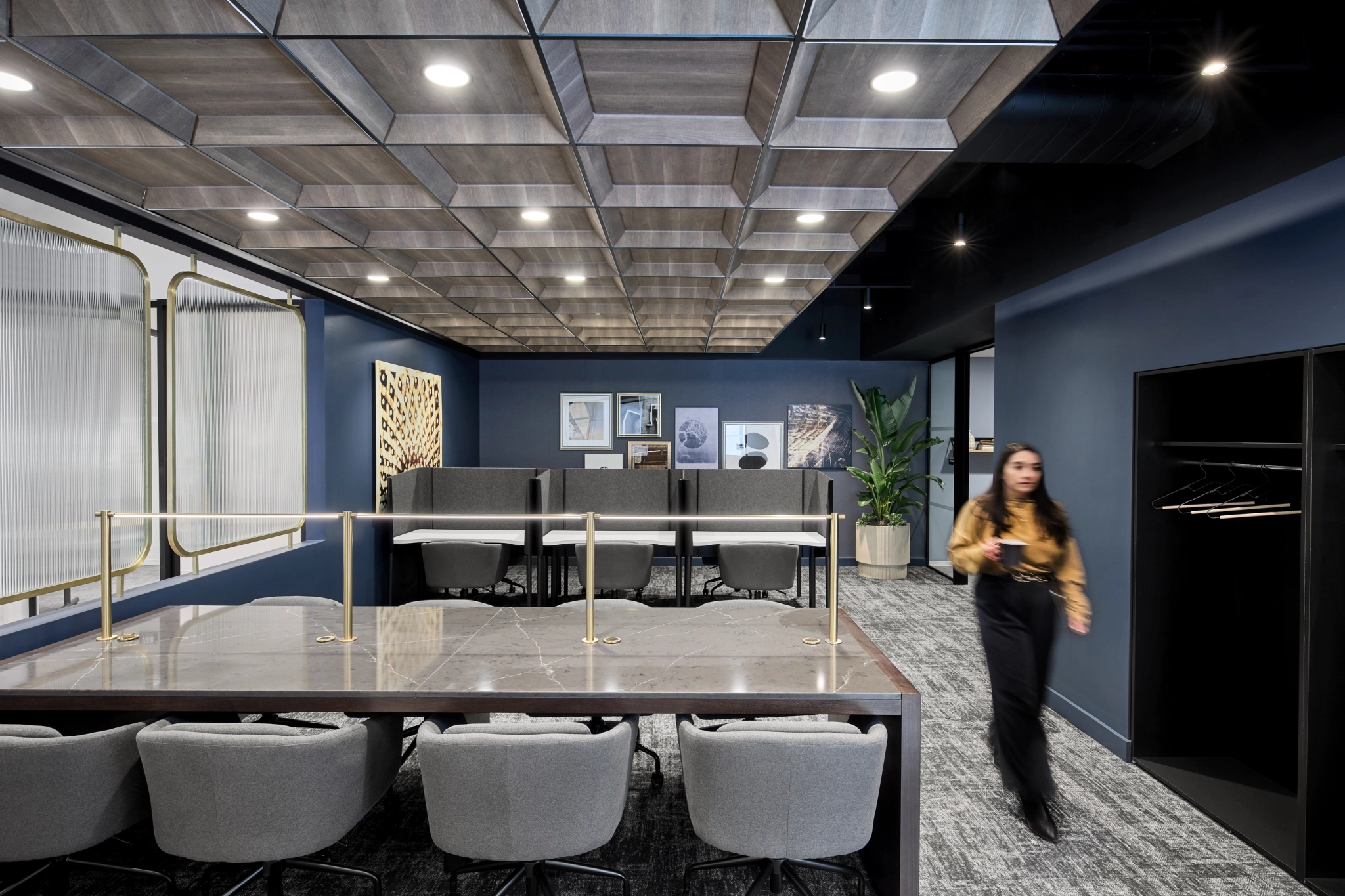 a large, bright meeting room with a large screen