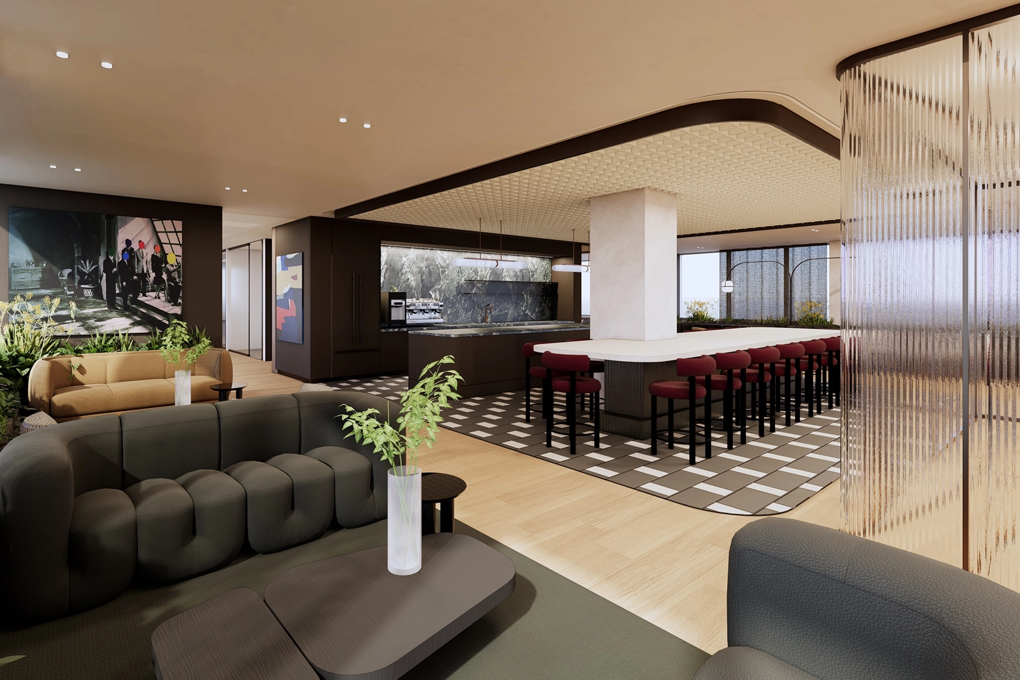 Salon moderne à aire ouverte avec des sièges contemporains, des plantes en pot et un long bar avec des tabourets rouges - parfait pour un espace de travail new-yorkais élégant, avec un coin cuisine sous un éclairage tamisé.