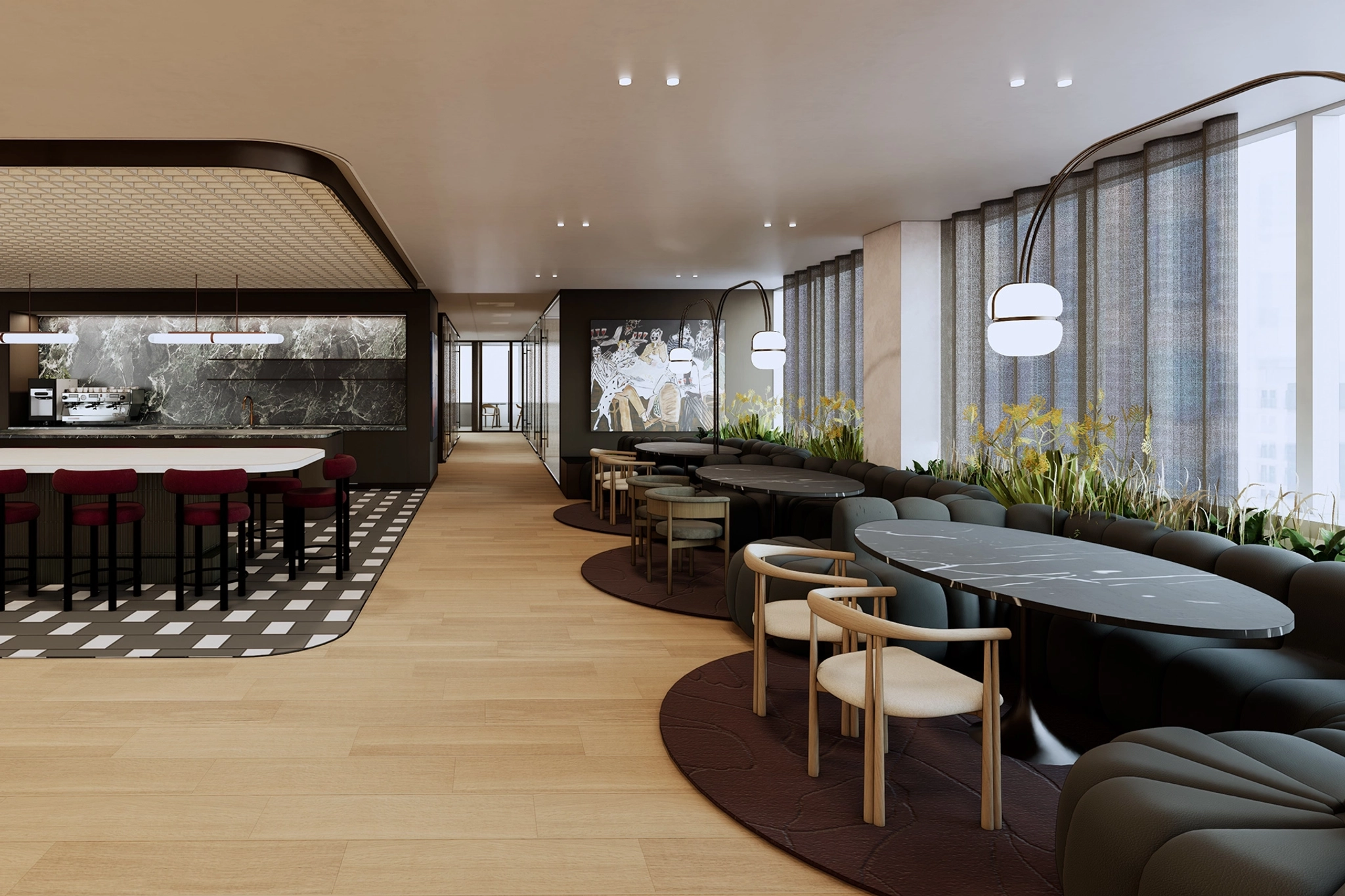 Moderne woonkamer met zwarte en beige stoelen, ronde tafels, grote ramen, kamerplanten en een bar op de achtergrond - perfect voor een vergaderruimte op kantoor in New York.